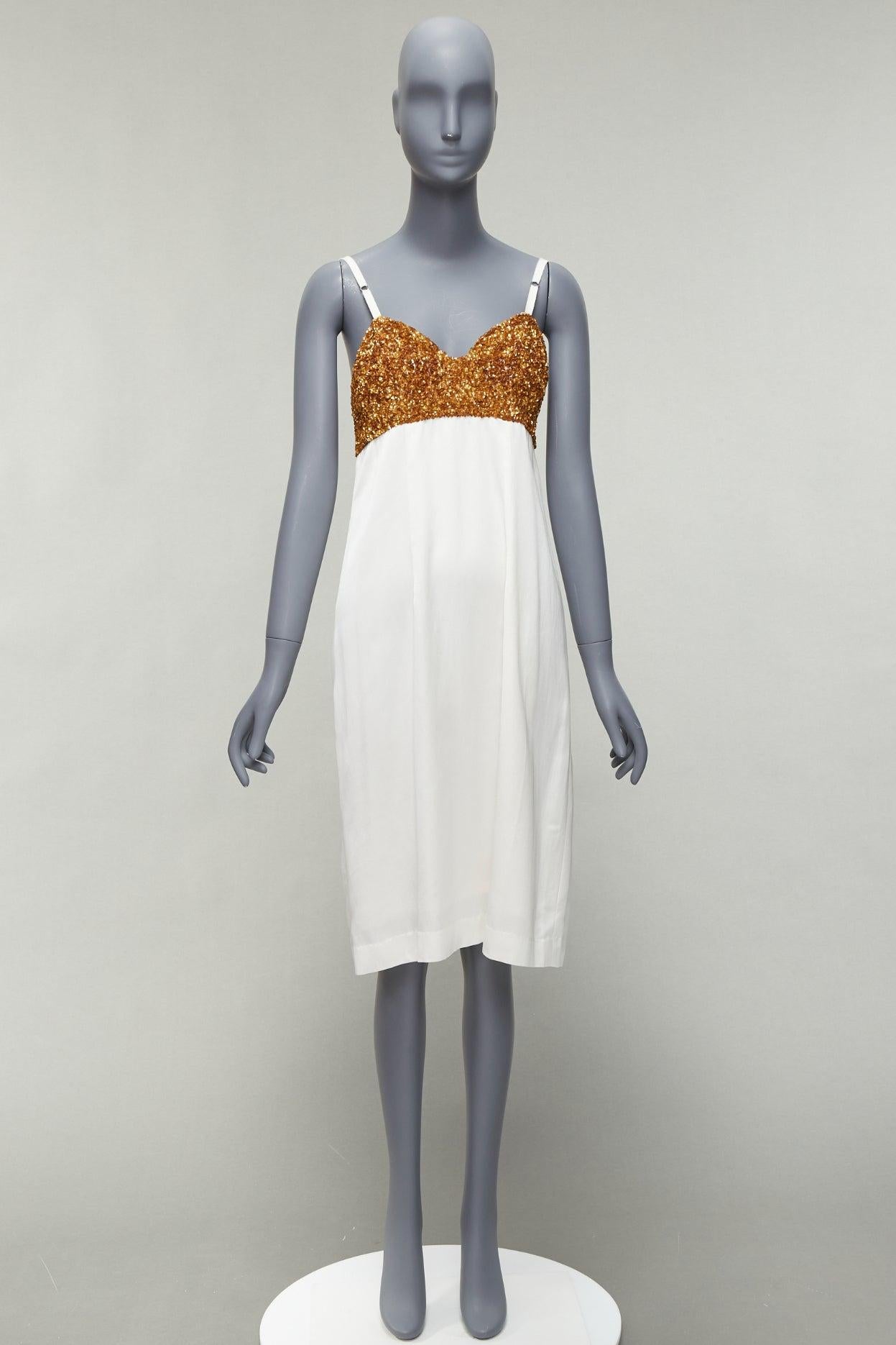 DRIES VAN NOTEN Runway gold sequins bust white satin strappy slip dress FR36 S For Sale 5