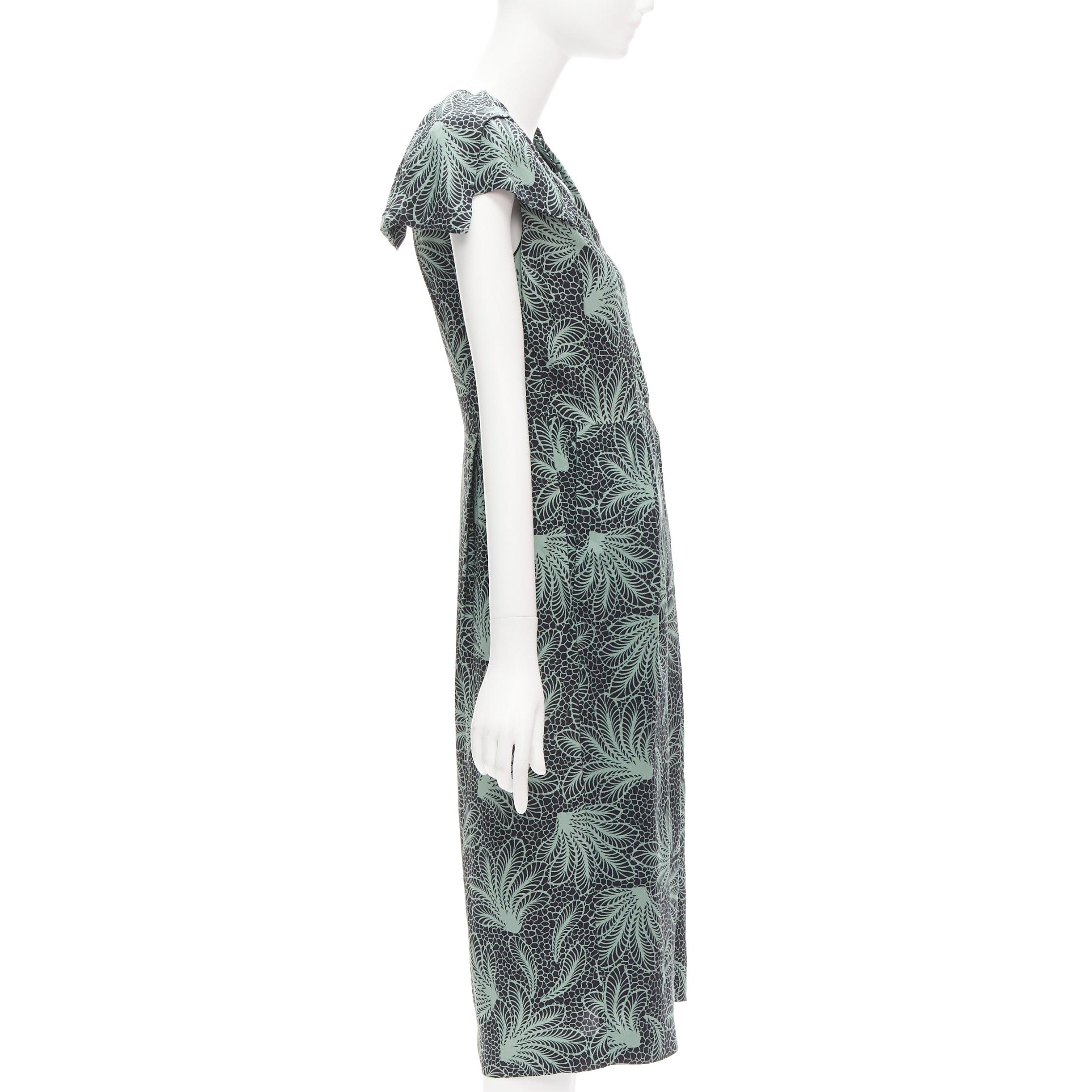 Gray DRIES VAN NOTEN Runway green leaf print petal sleeves V neck midi dress FR36 S For Sale