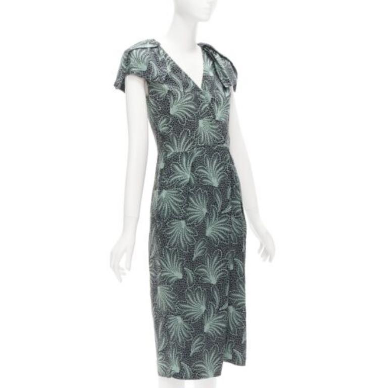 Gray DRIES VAN NOTEN Runway green leaf print petal sleeves V neck midi dress FR36 S For Sale