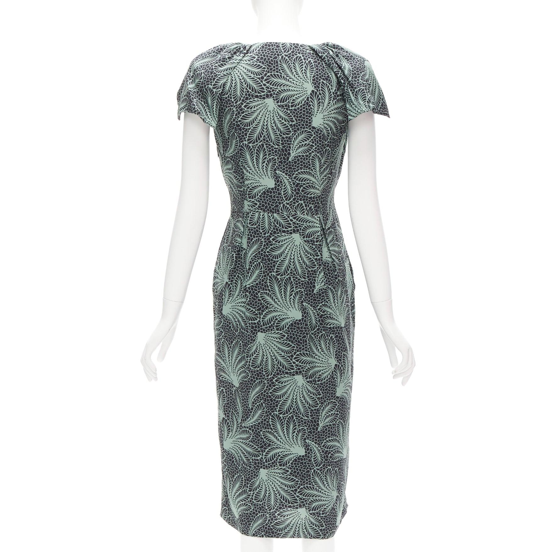 DRIES VAN NOTEN Runway green leaf print petal sleeves V neck midi dress FR36 S In Excellent Condition For Sale In Hong Kong, NT