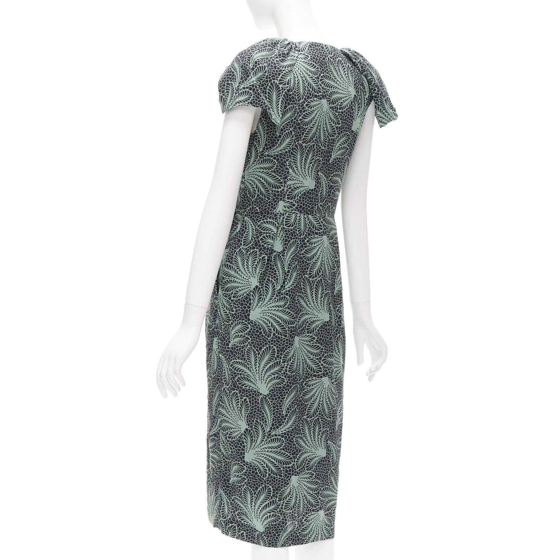Women's DRIES VAN NOTEN Runway green leaf print petal sleeves V neck midi dress FR36 S For Sale
