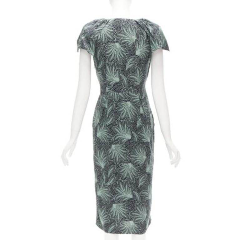Women's DRIES VAN NOTEN Runway green leaf print petal sleeves V neck midi dress FR36 S For Sale