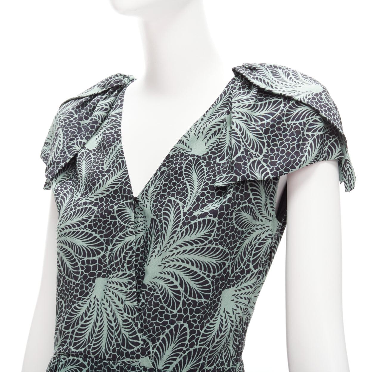 DRIES VAN NOTEN Runway green leaf print petal sleeves V neck midi dress FR36 S For Sale 1