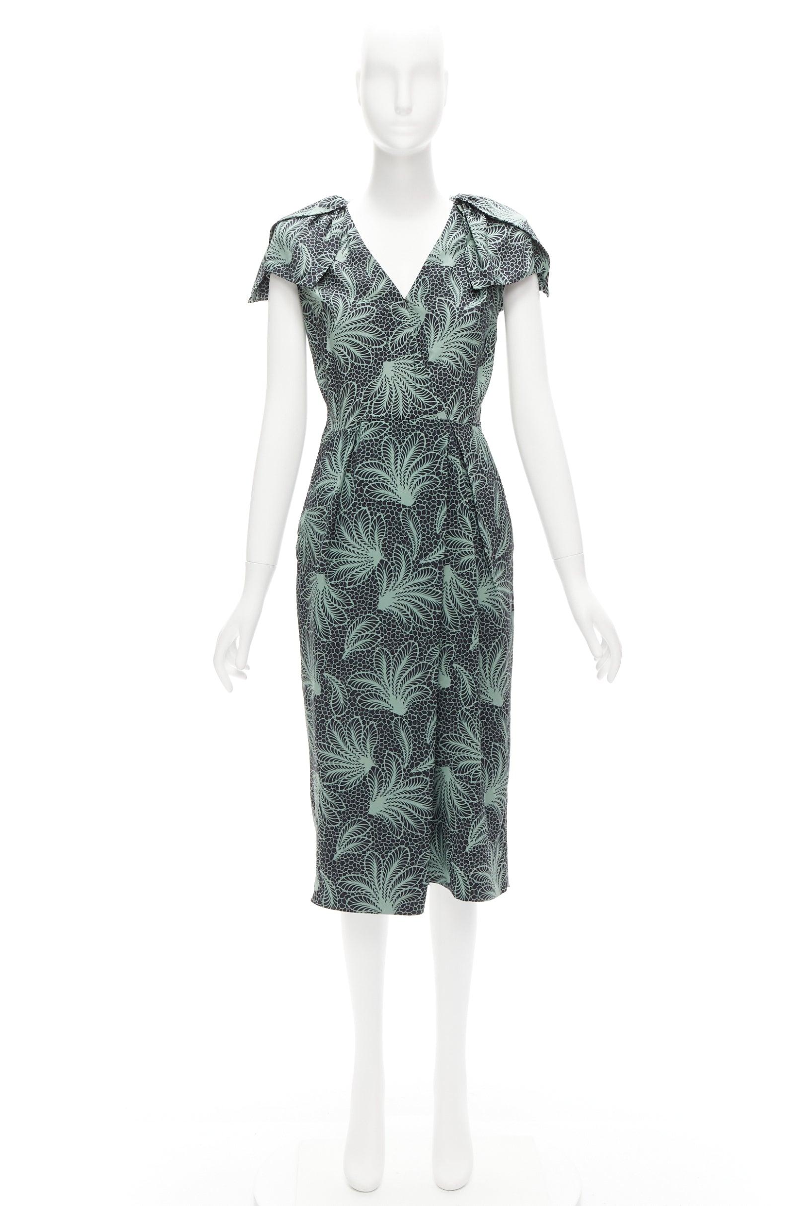 DRIES VAN NOTEN Runway green leaf print petal sleeves V neck midi dress FR36 S For Sale 3