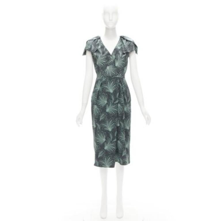 DRIES VAN NOTEN Runway green leaf print petal sleeves V neck midi dress FR36 S For Sale 4