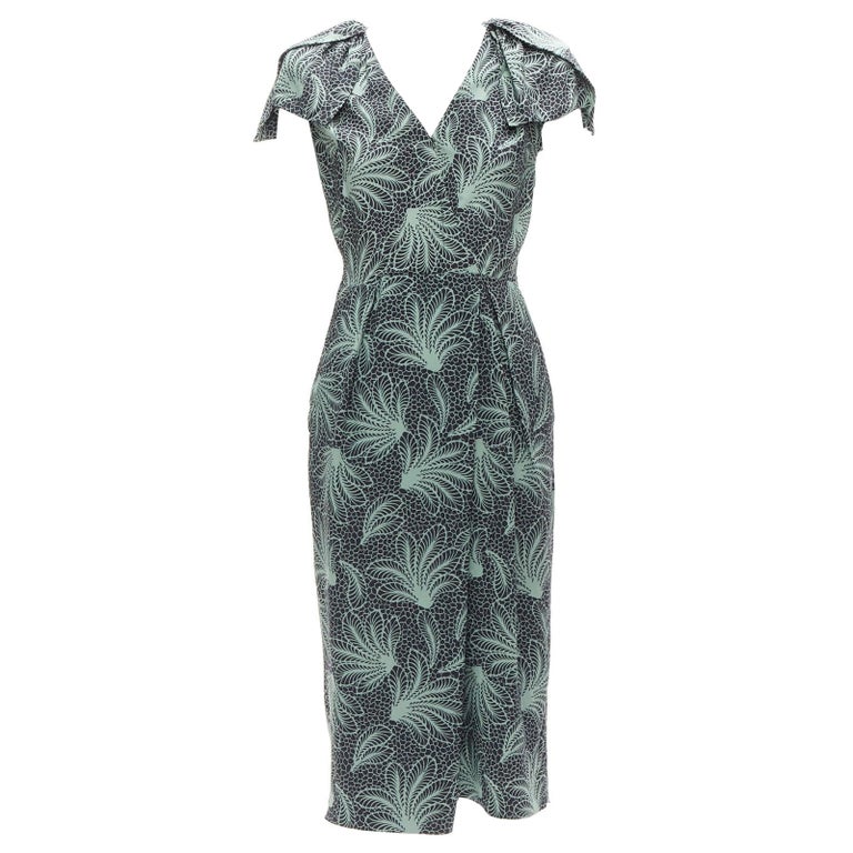 DRIES VAN NOTEN Runway green leaf print petal sleeves V neck midi dress  FR36 S at 1stDibs