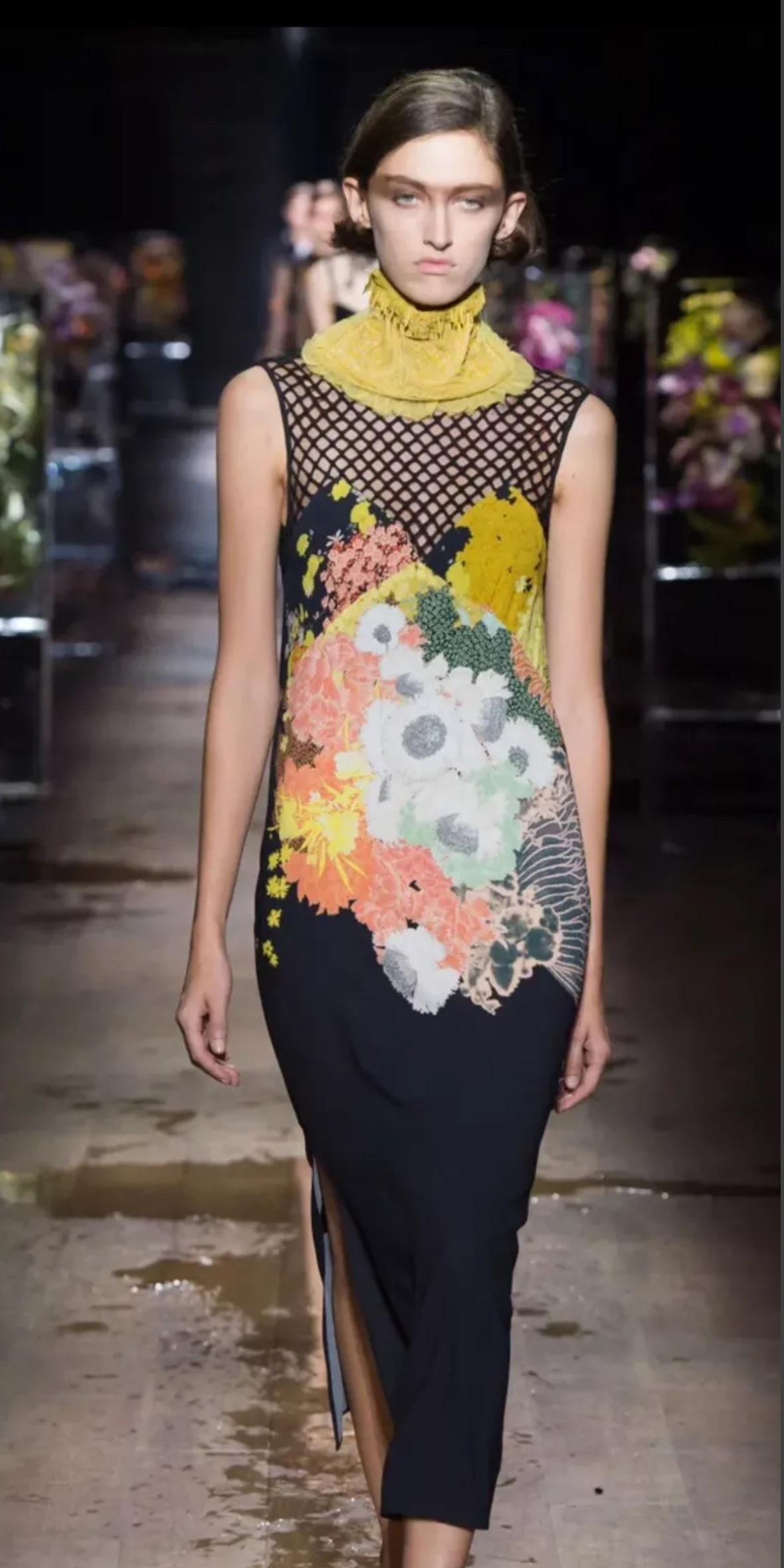 Black DRIES VAN NOTEN Runway S/S 2017 Floral & Fishnet Mesh Midi Dress FR 36