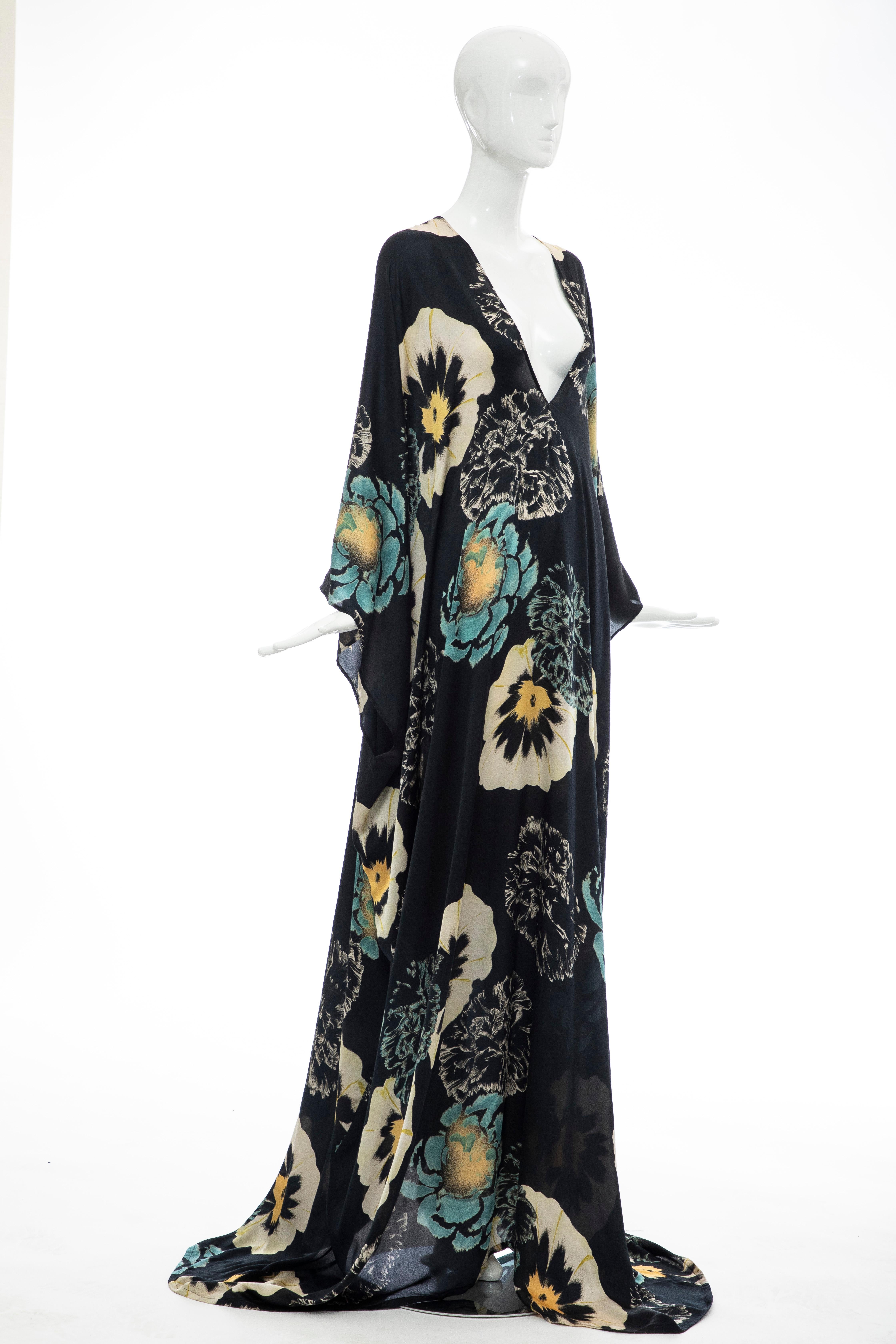 Dries Van Noten Runway Black Silk Floral Kaftan, Spring 2002 In Excellent Condition In Cincinnati, OH