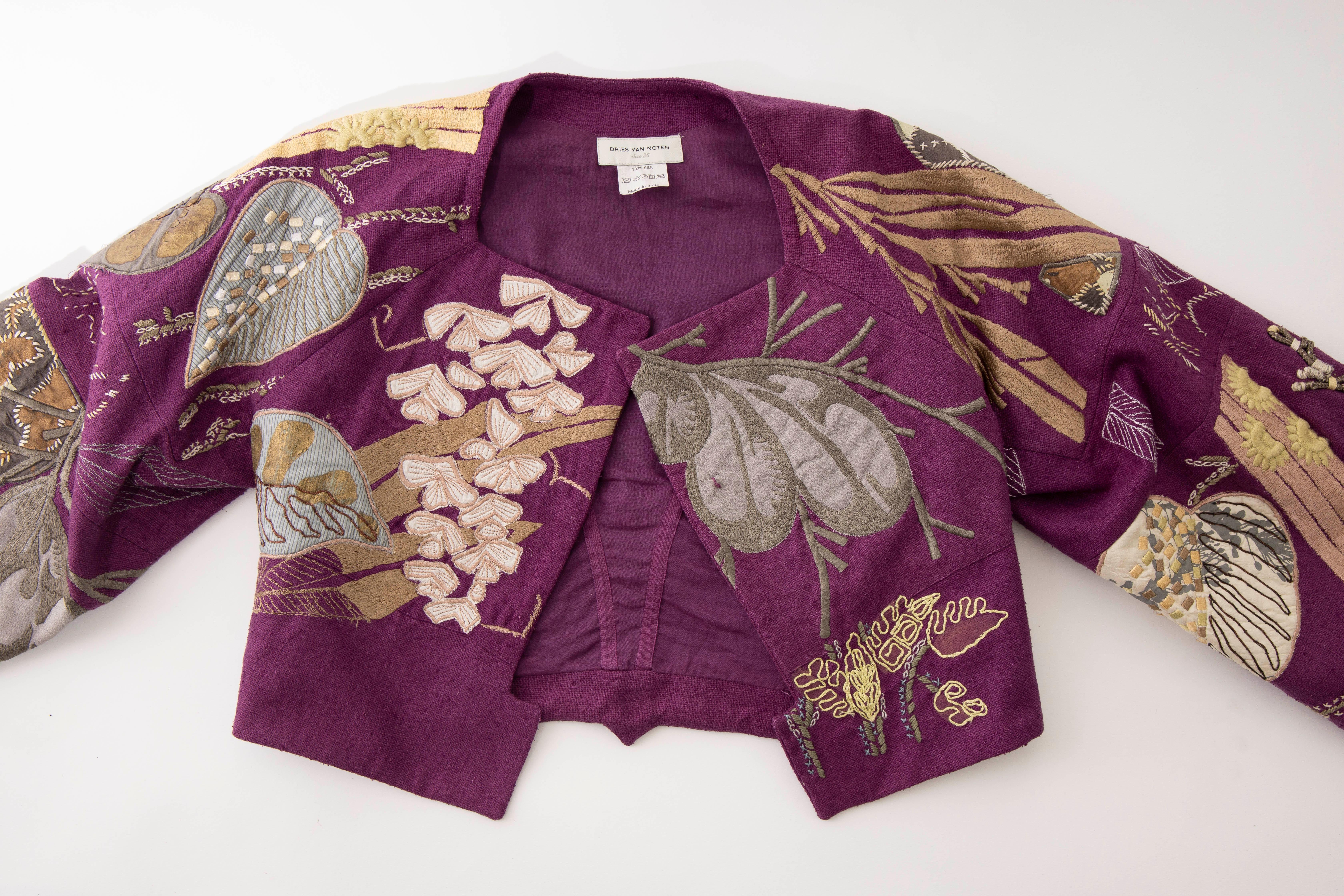Dries Van Noten Runway Silk Magenta Embroidered Cropped Jacket, Spring 2006  5