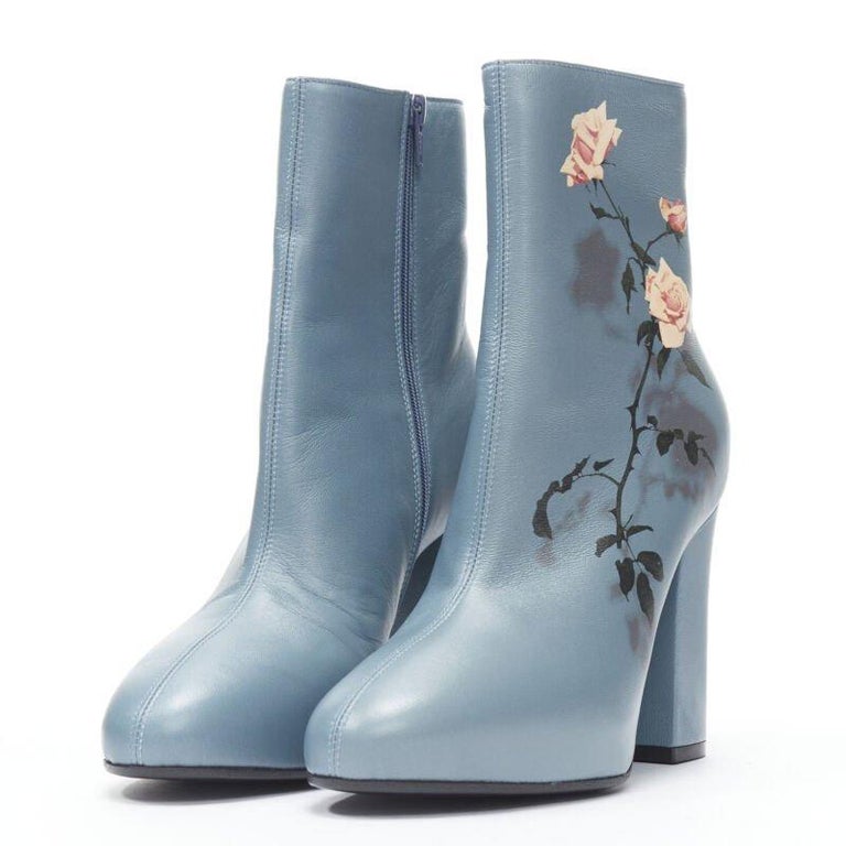 DRIES VAN NOTEN Runway slate blue rose print block heel ankle boot