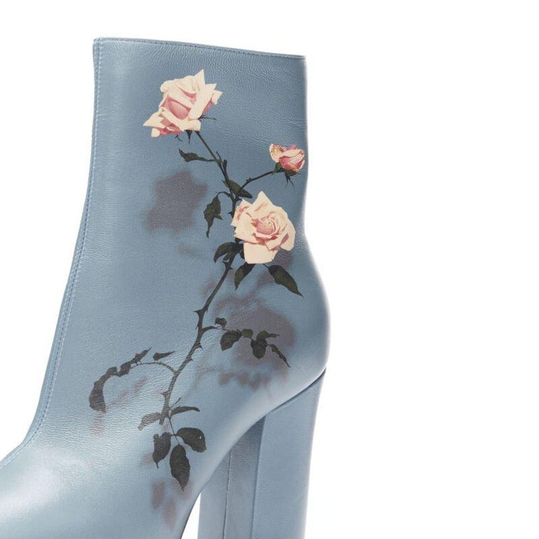 DRIES VAN NOTEN Runway slate blue rose print block heel ankle boot