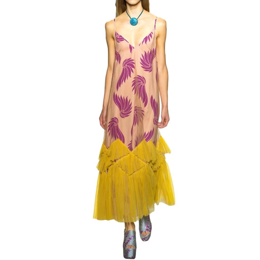 Women's Dries Van Noten Runway Yellow & Pink Floral Satin & Tulle Maxi Dress - Size US 8