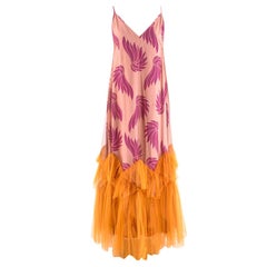Dries Van Noten Runway Yellow & Pink Floral Satin & Tulle Maxi Dress - Size US 8