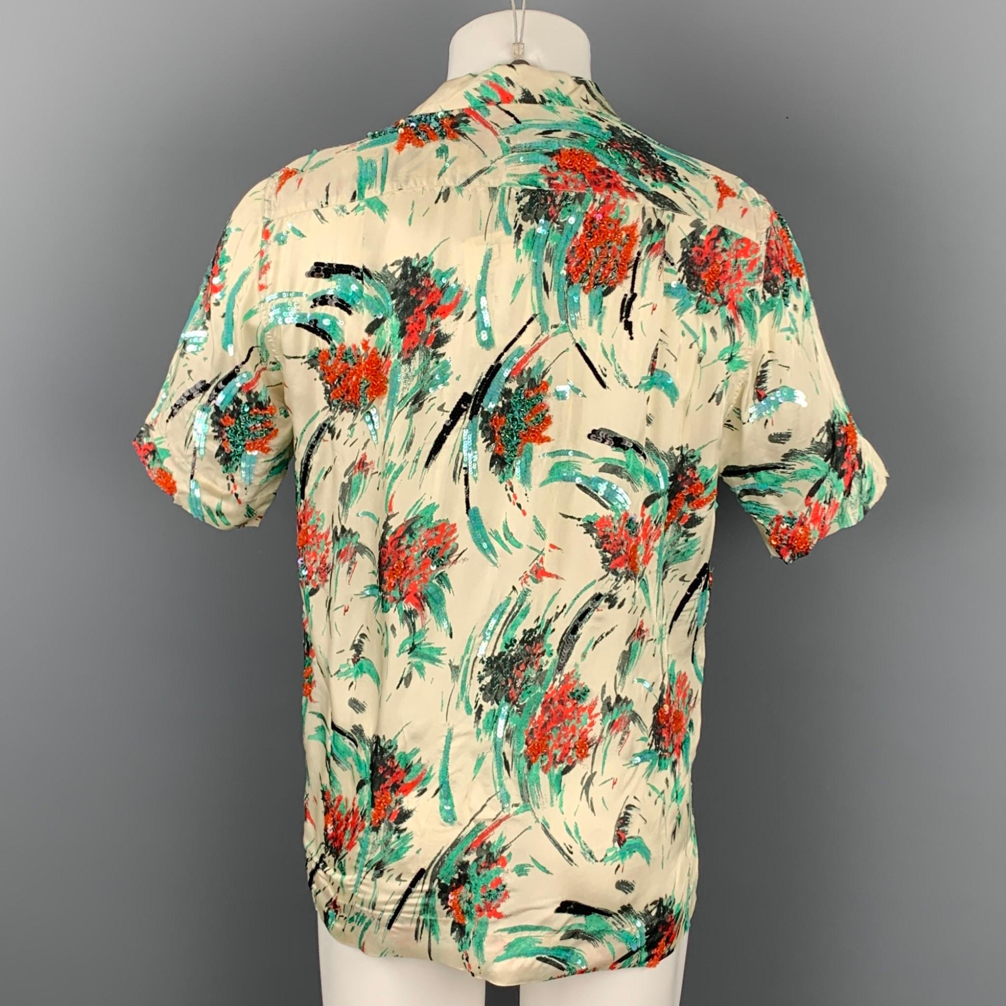 DRIES VAN NOTEN S/S 20 Größe XS Beige & Grün Perlen Viskose Camp Shirt Herren