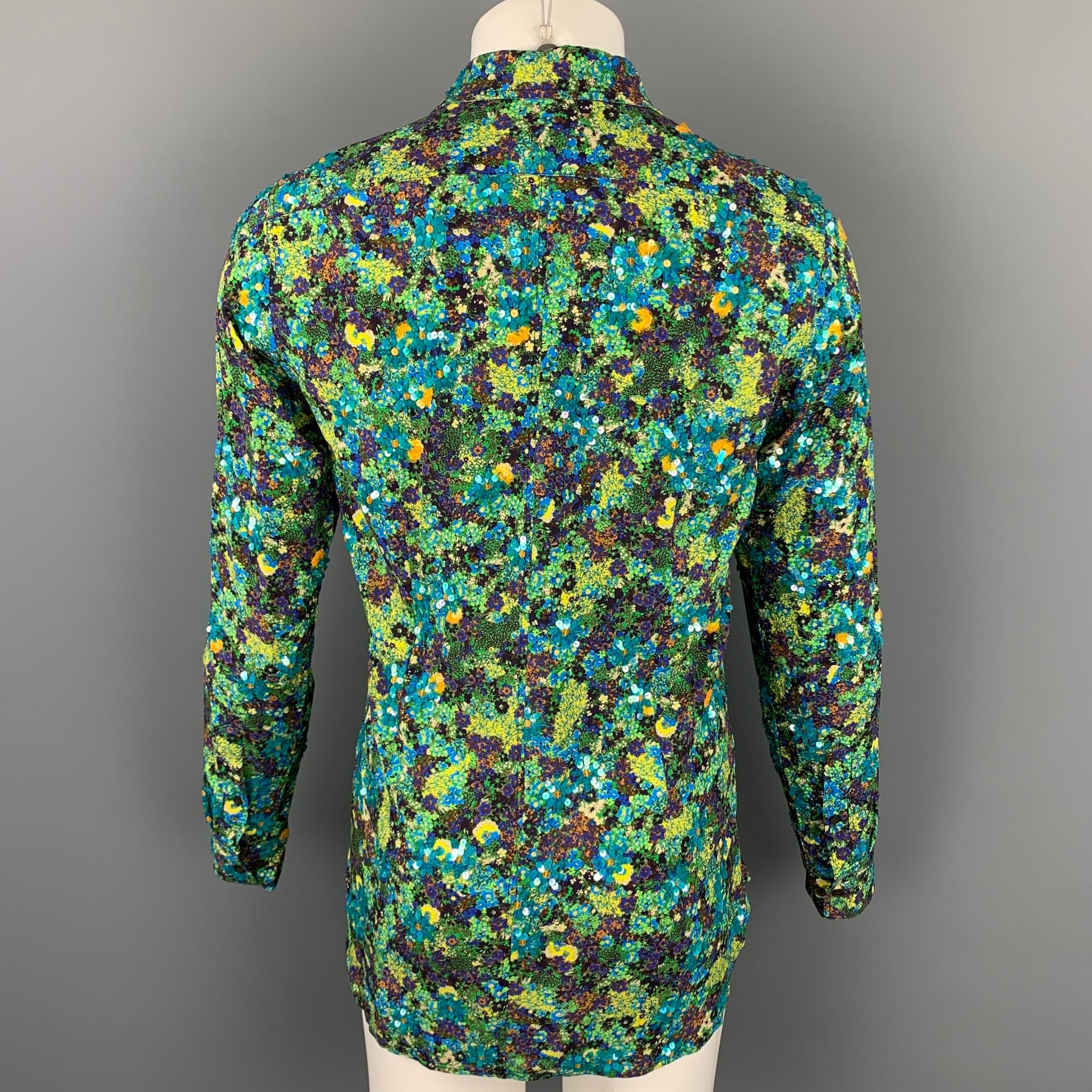 DRIES VAN NOTEN S/S 20 Size XS Green & Blue Beaded Viscose Button Up Shirt  In New Condition In San Francisco, CA
