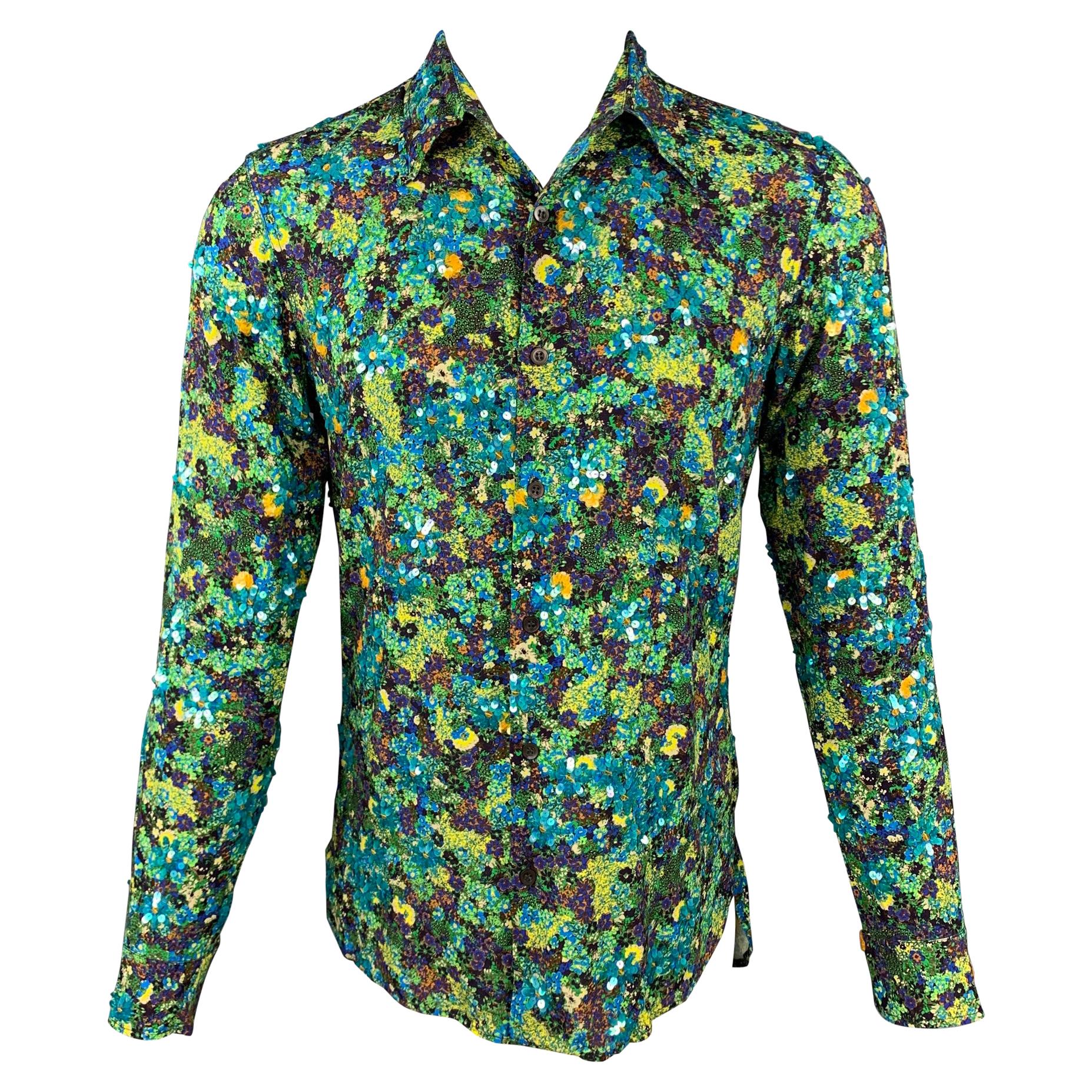 DRIES VAN NOTEN S/S 20 Size XS Green & Blue Beaded Viscose Button Up Shirt 