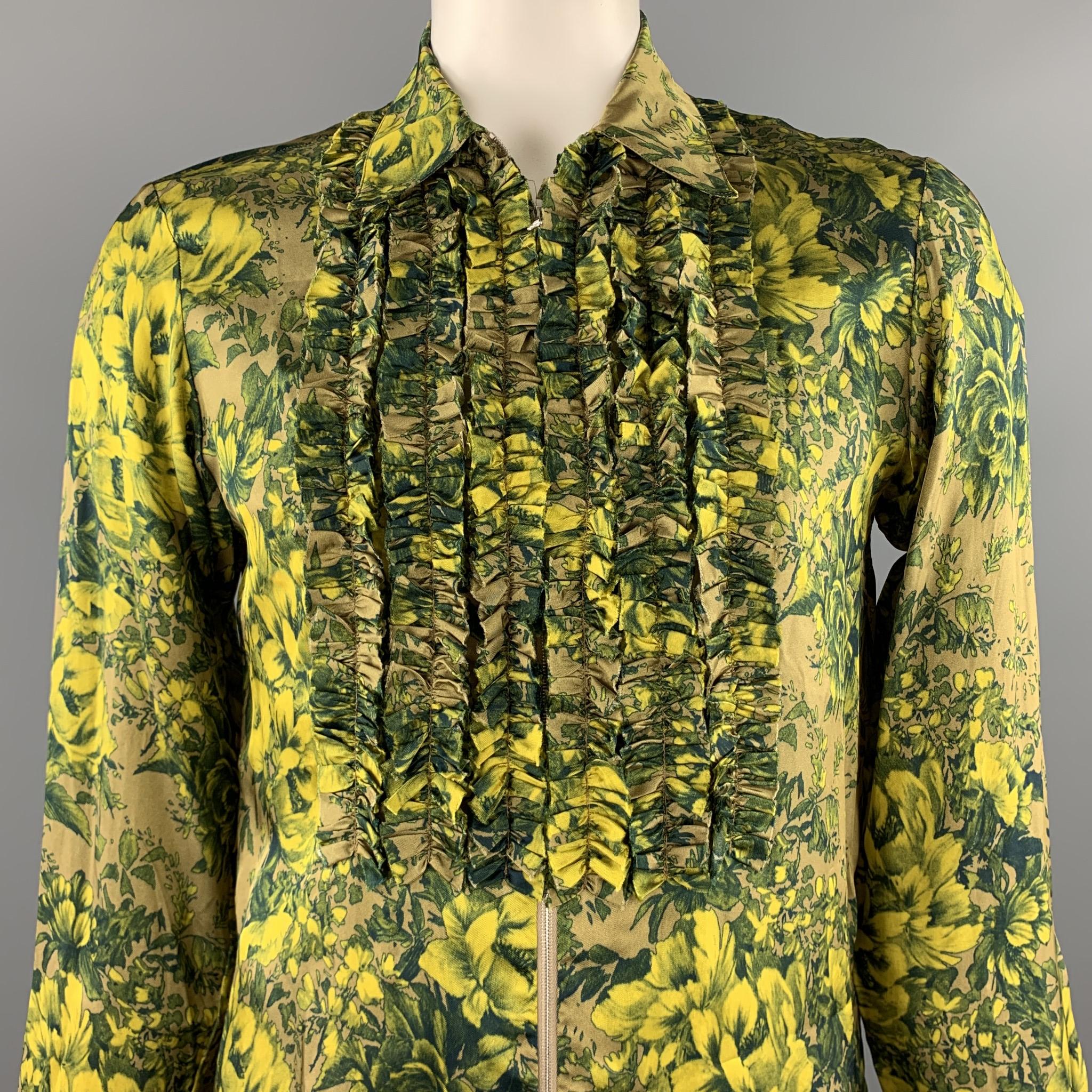 DRIES VAN NOTEN S/S 2020 long sleeve shirt green print viscose featuring a front ruffled design, spread collar, and a zip up closure. 

Excellent Pre-Owned Condition.
Marked: 52

Measurements:

Shoulder: 18 in. 
Chest: 42 in. 
Sleeve: 28 in.