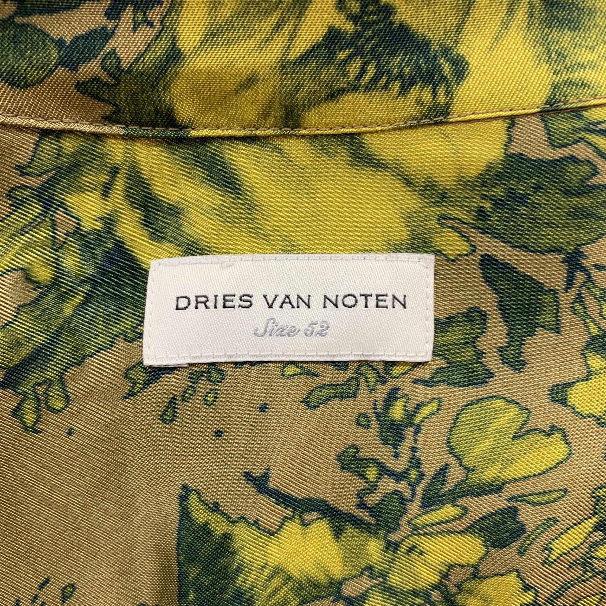 DRIES VAN NOTEN S/S 2020 Size L Green Print Viscose Zip Up Long Sleeve Shirt 2