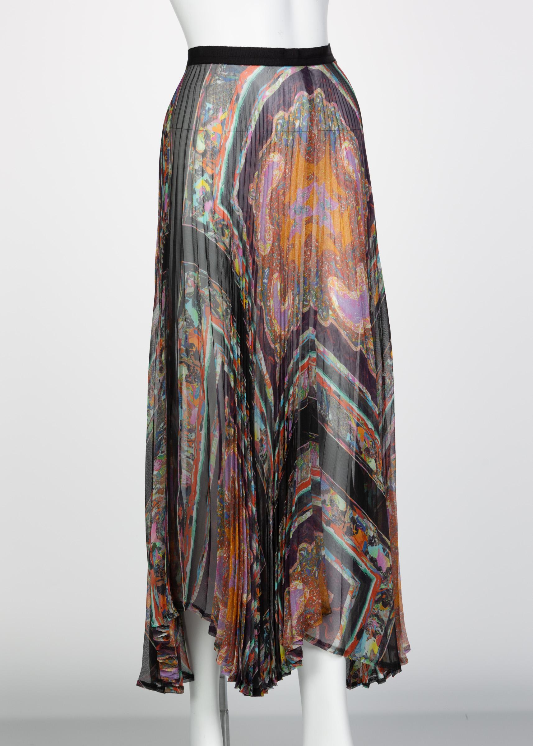 Grigio Dries Van Noten Gonna a pieghe in seta trasparente stampata, Passerella 2008 in vendita
