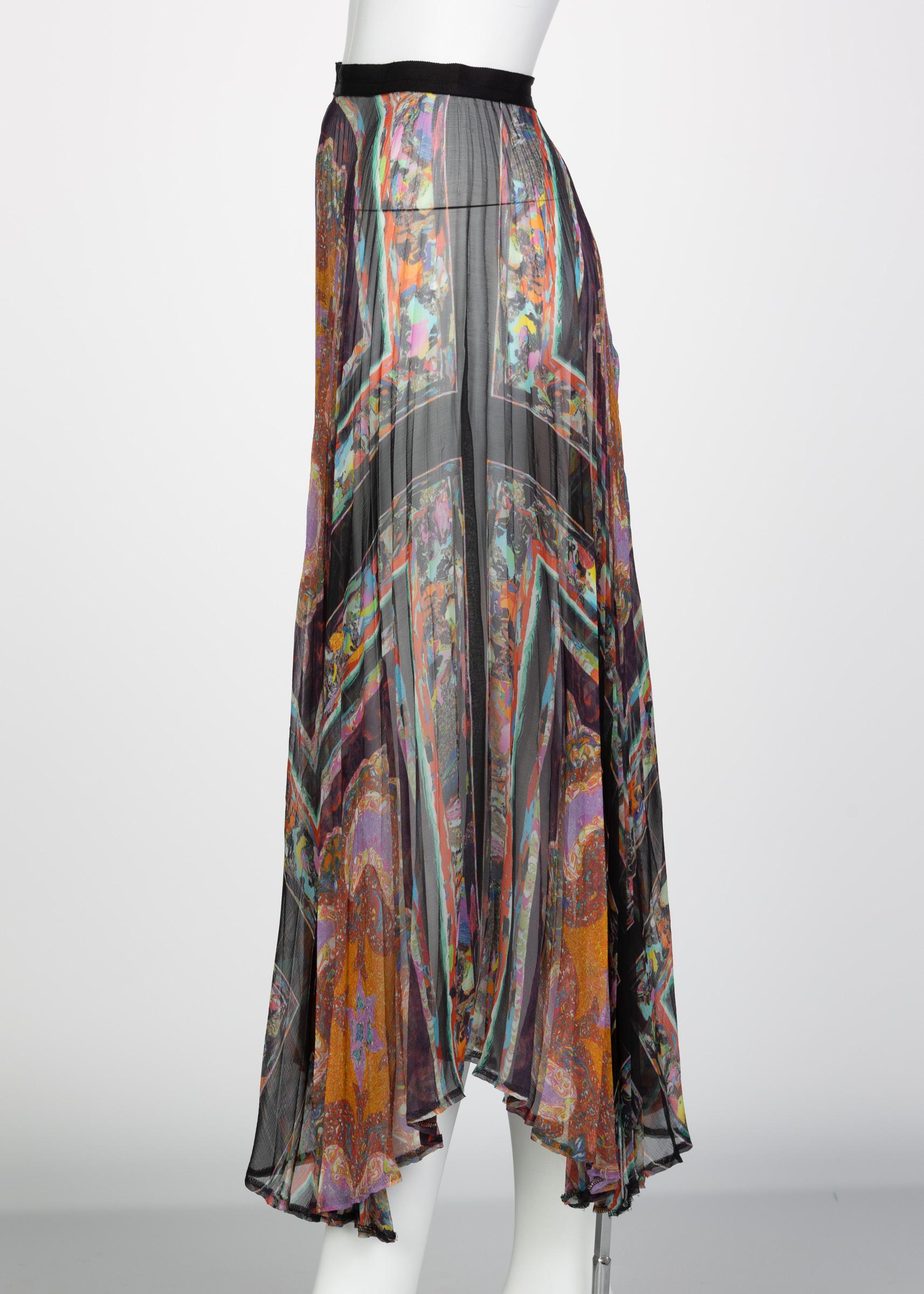 Gray Dries Van Noten Sheer Silk Printed Pleated Skirt, Runway 2008 For Sale