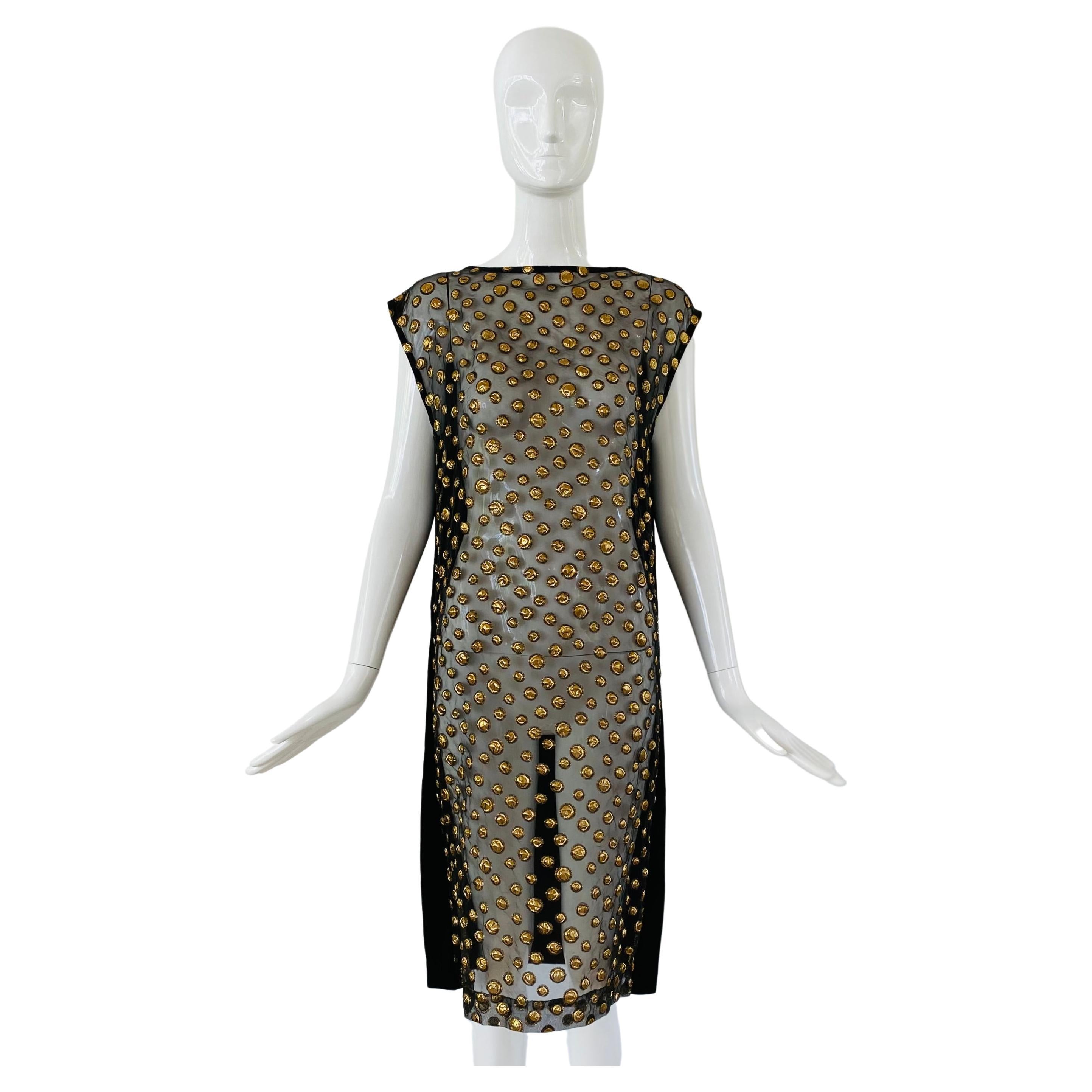 Dries van Noten Sheer Velvet Gold Polka Dot Dress For Sale