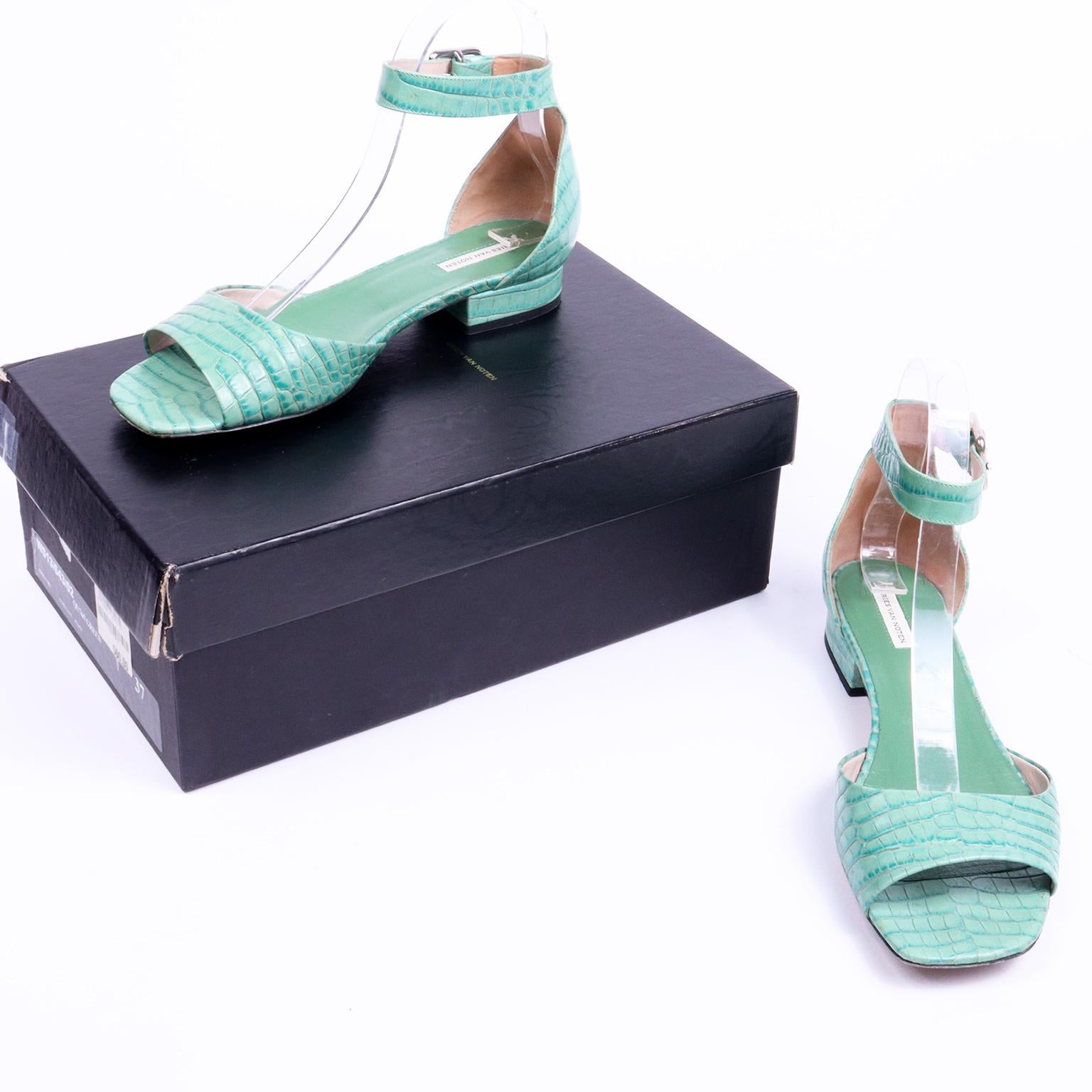 These are great vintage green Dries Van Noten alligator embossed leather sandals with ankle straps. The shoes are marked a size 37 and they have a nice low heel, open toes and silver buckles.  These originally retailed for $560 in the early 2000's