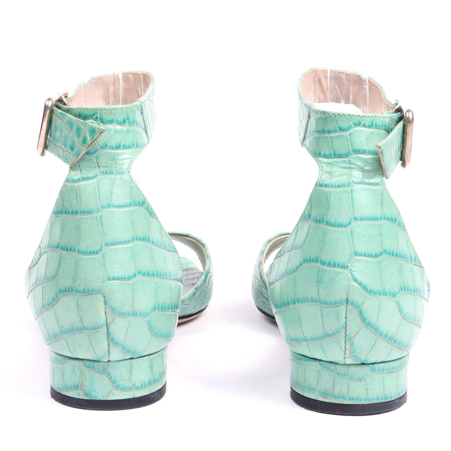 Dries Van Noten Shoes Green Leather Alligator Embossed Ankle Strap Sandals 37 In Good Condition For Sale In Portland, OR