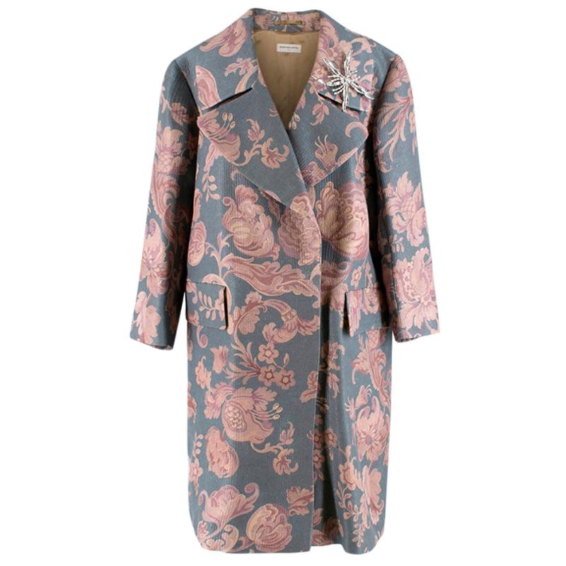 Dries Van Noten Silk Blend Floral Coat with Dragonfly Brooch - Size S