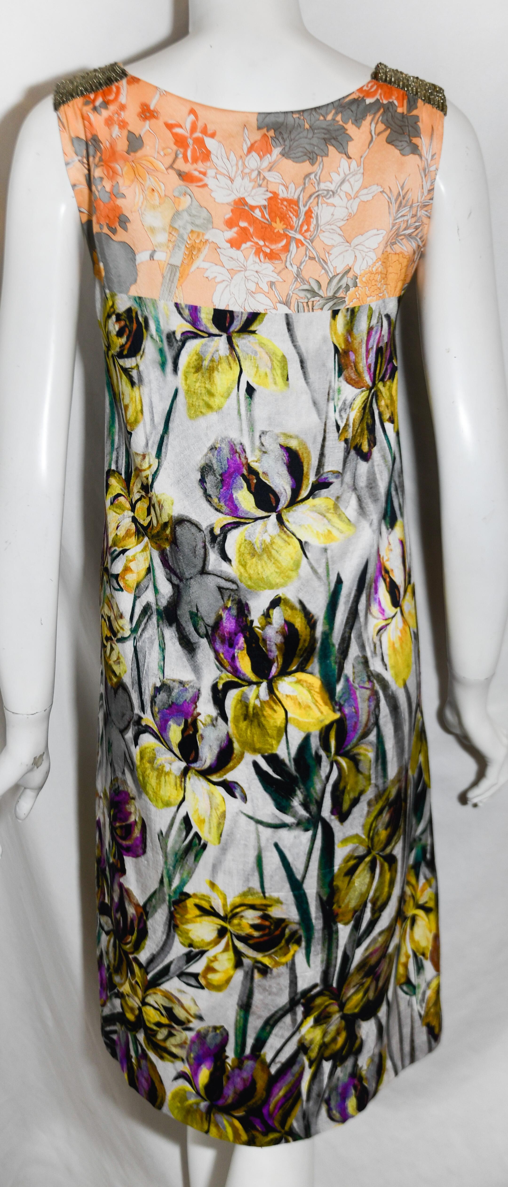 Beige Dries Van Noten Silk Floral Multi Sleeveless Dress For Sale
