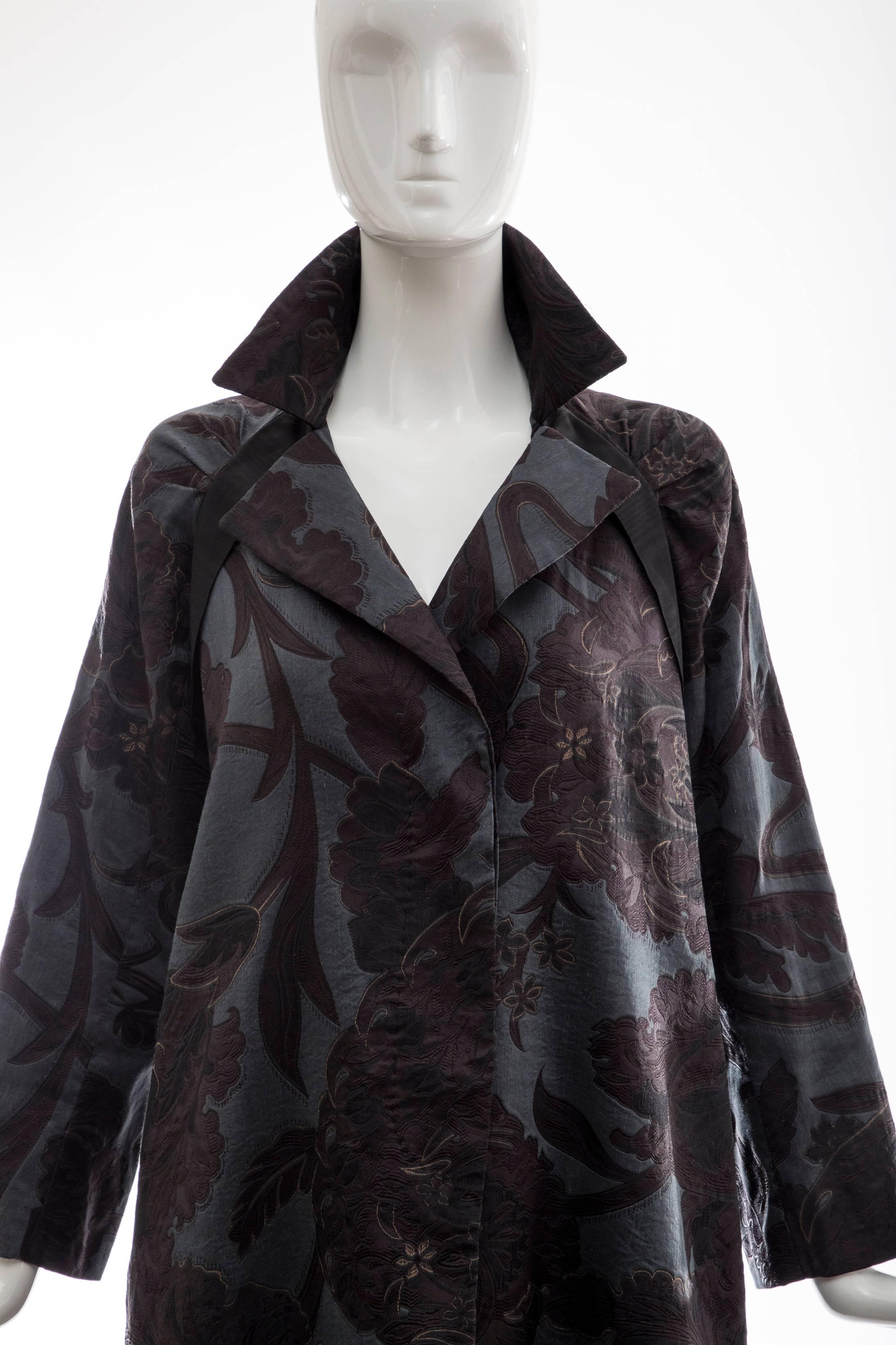 Black Dries Van Noten Runway Silk Linen Floral Jacquard Button Front Coat, Fall 2006 For Sale