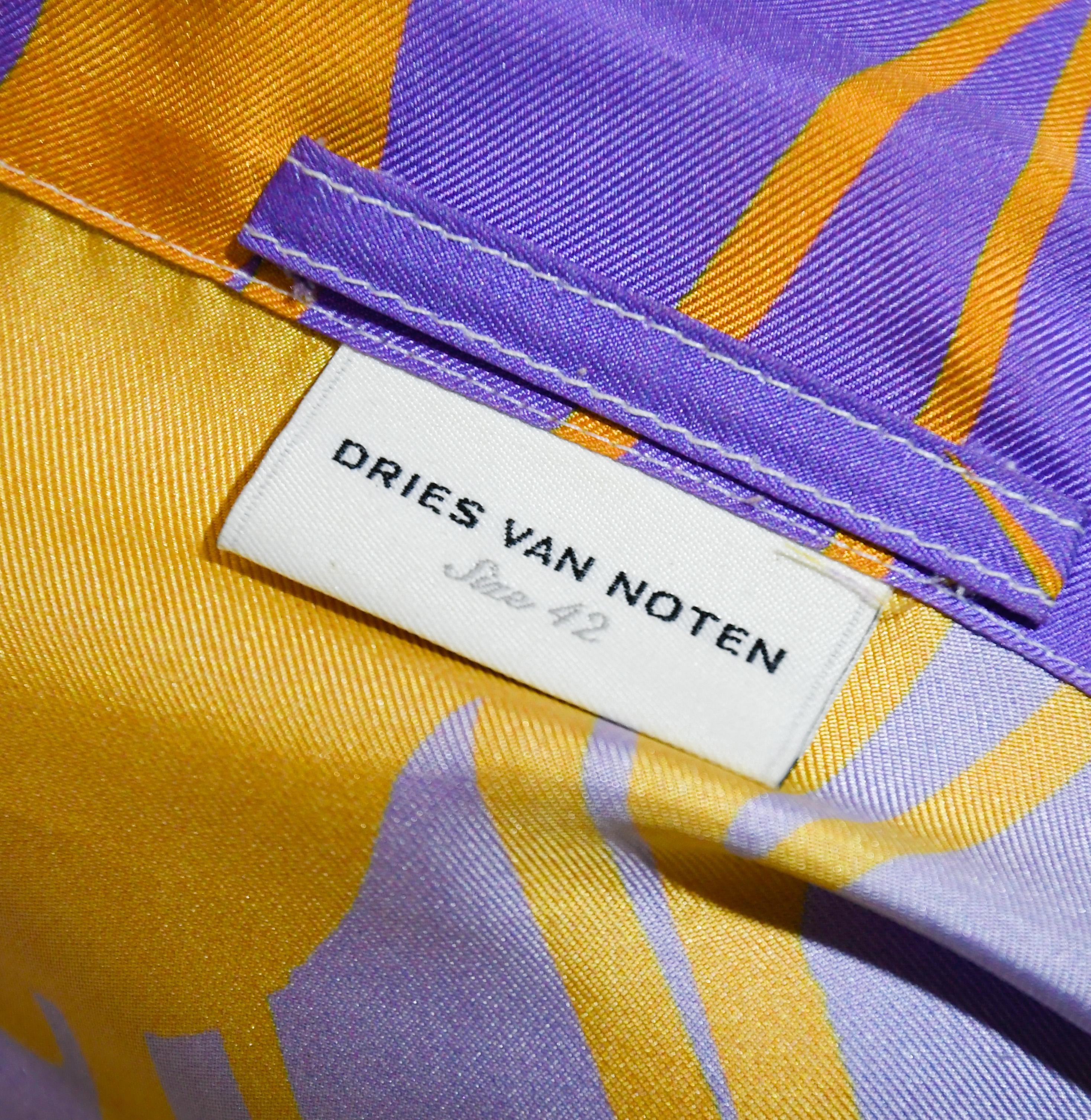 Brown Dries Van Noten Silk Orange & Purple Kimono Style Skirt Suit  For Sale