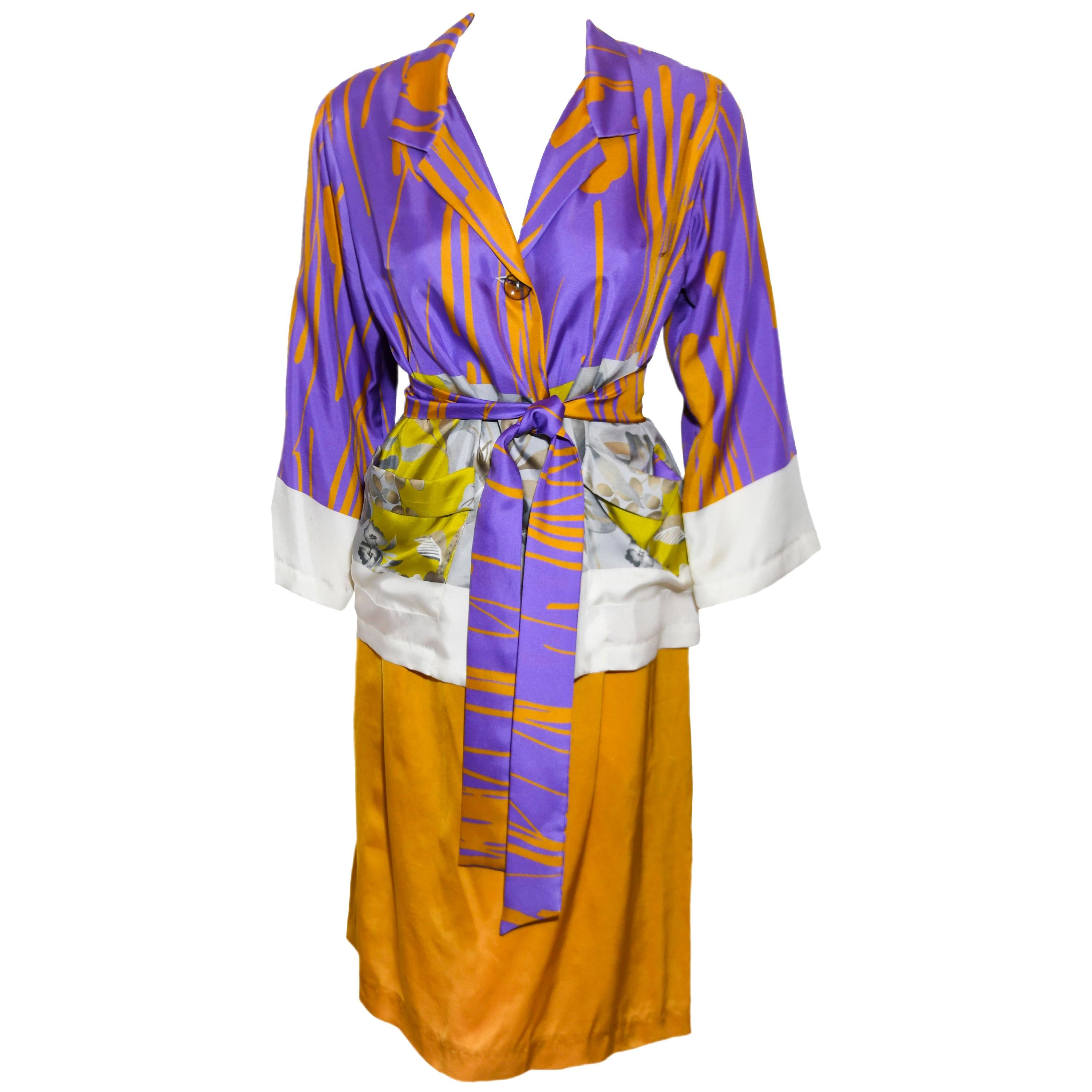 Dries Van Noten Silk Orange & Purple Kimono Style Skirt Suit  For Sale