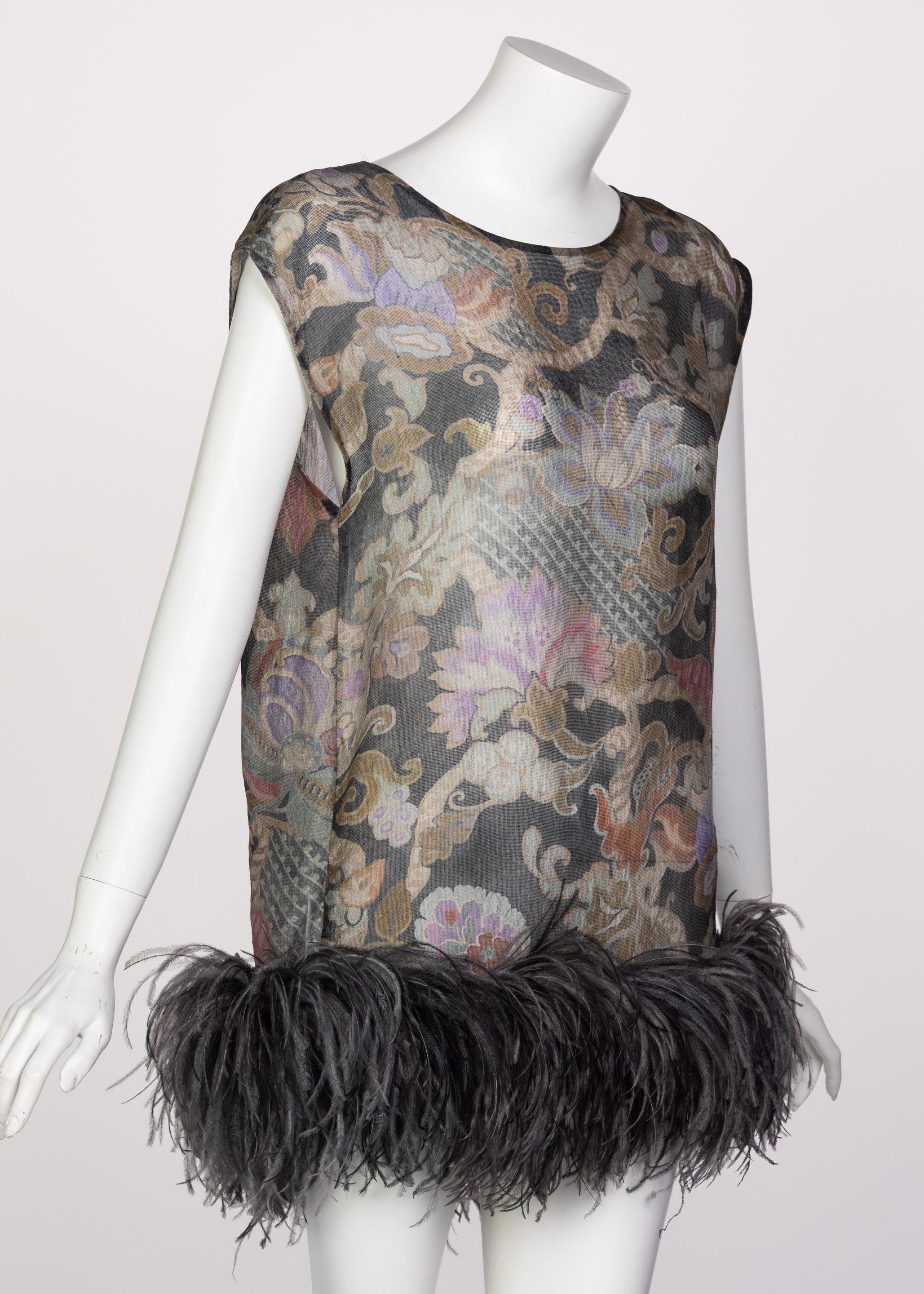 Women's or Men's Dries Van Noten Silk Print Ostrich Feather Tunic Top Runway Fall 2013 For Sale