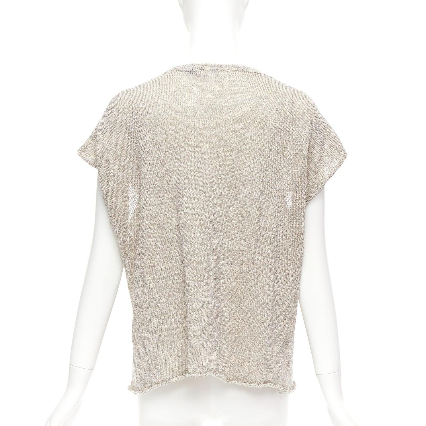 DRIES VAN NOTEN silver linen blend lurex open neck knitted top M In Excellent Condition For Sale In Hong Kong, NT
