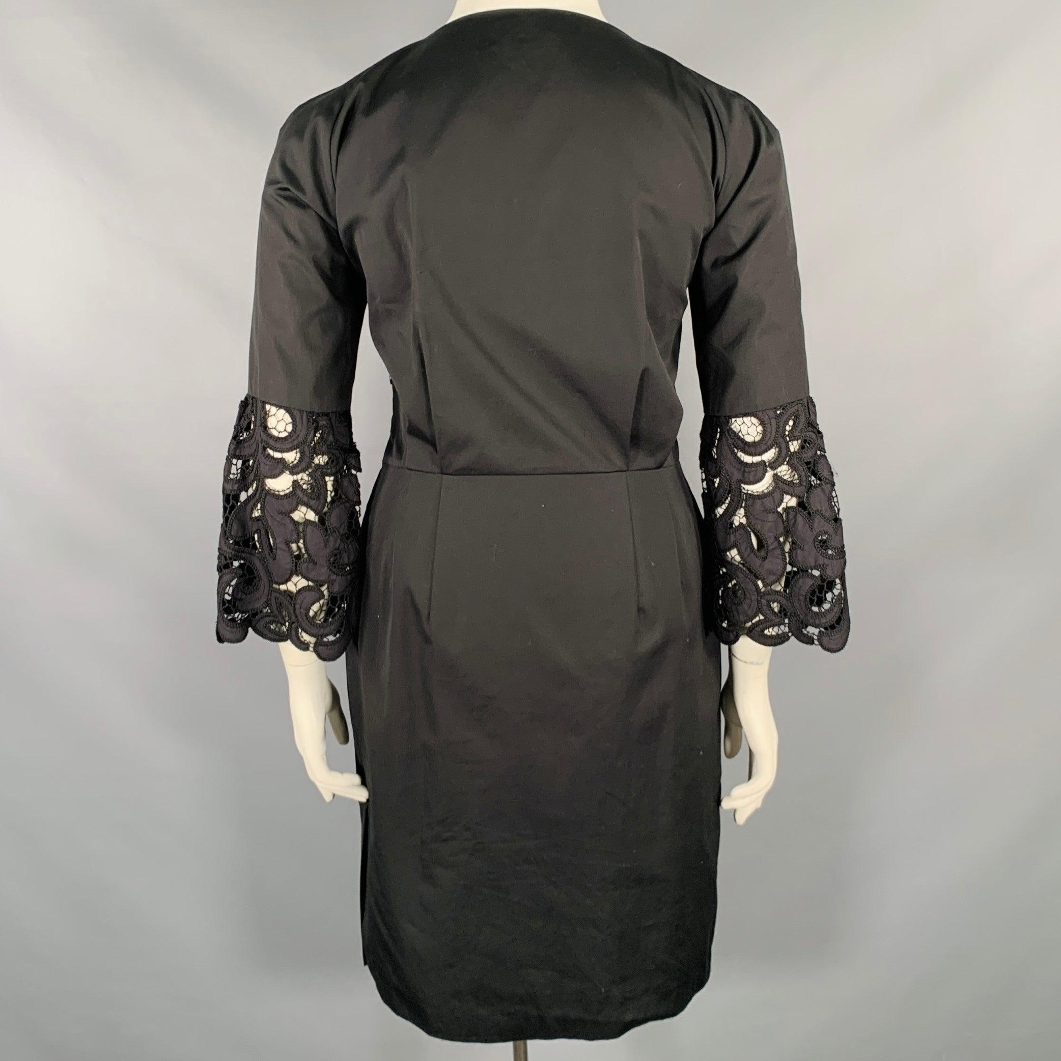 Noir DRIES VAN NOTEN Size 10 Black Cotton Embroidered 3/4 Sleeves Dress en vente