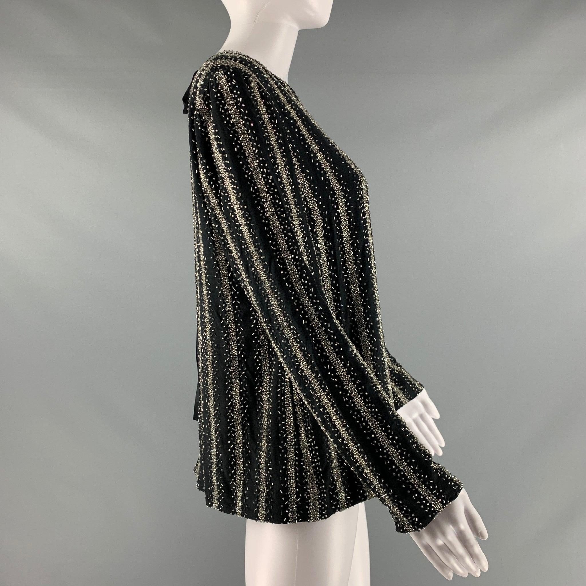 DRIES VAN NOTEN Size 10 Black Silver Silk Sequined Crew-Neck Dress Top In Excellent Condition For Sale In San Francisco, CA