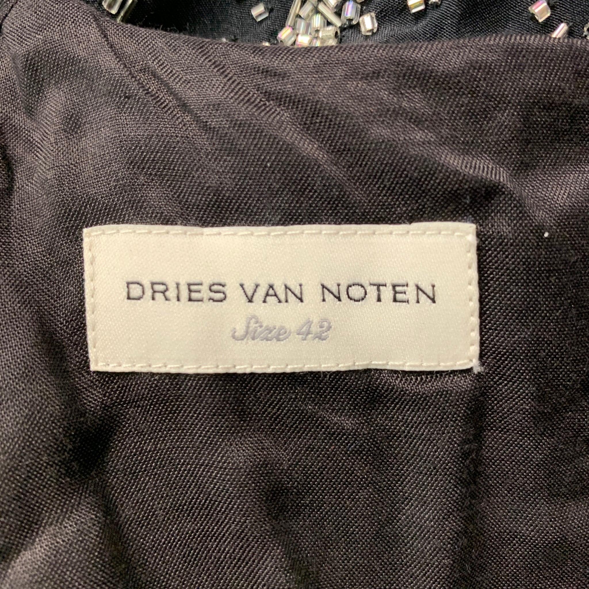 DRIES VAN NOTEN Size 10 Black Silver Silk Sequined Crew-Neck Dress Top For Sale 1