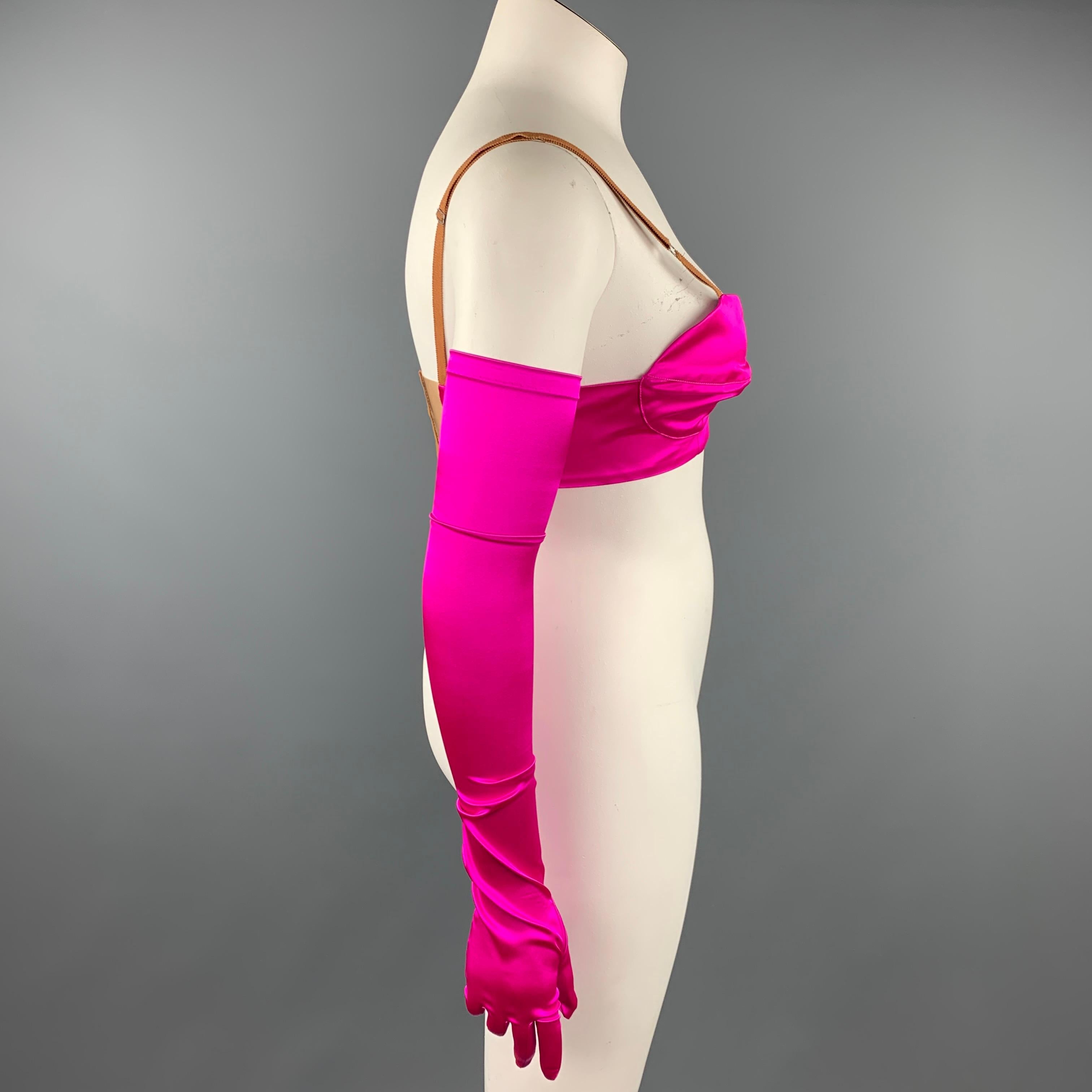 DRIES VAN NOTEN dress top comes in a fuchsia satin silk featuring adjustable spaghetti straps, back hook & loop closure, and matching opera gloves. Comes with tags. Made in Bulgaria.

Very Good Pre-Owned Condition.
Marked: 40
Gloves: One