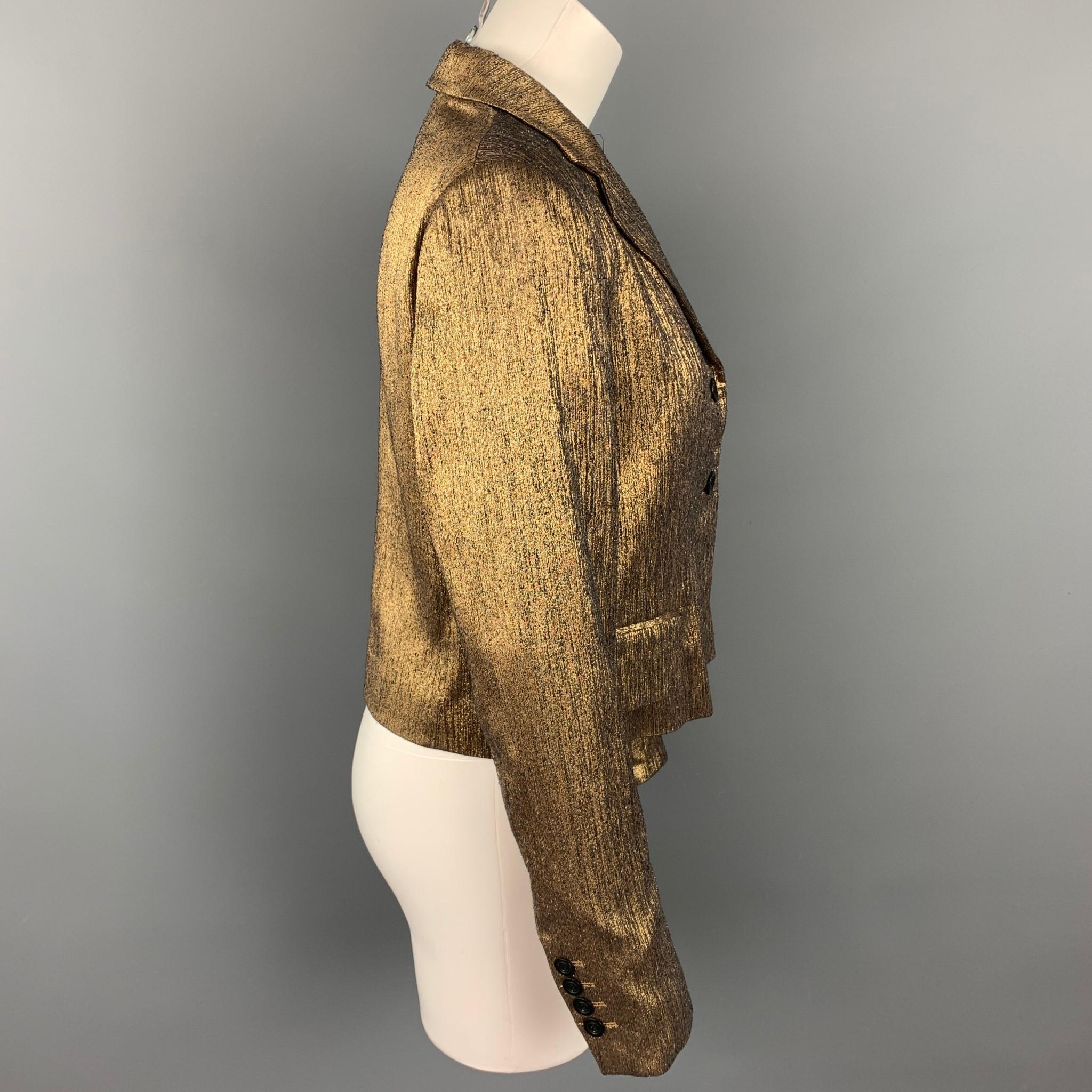 Brown DRIES VAN NOTEN Size 10 Gold Textured Silk Blend Jacket Blazer