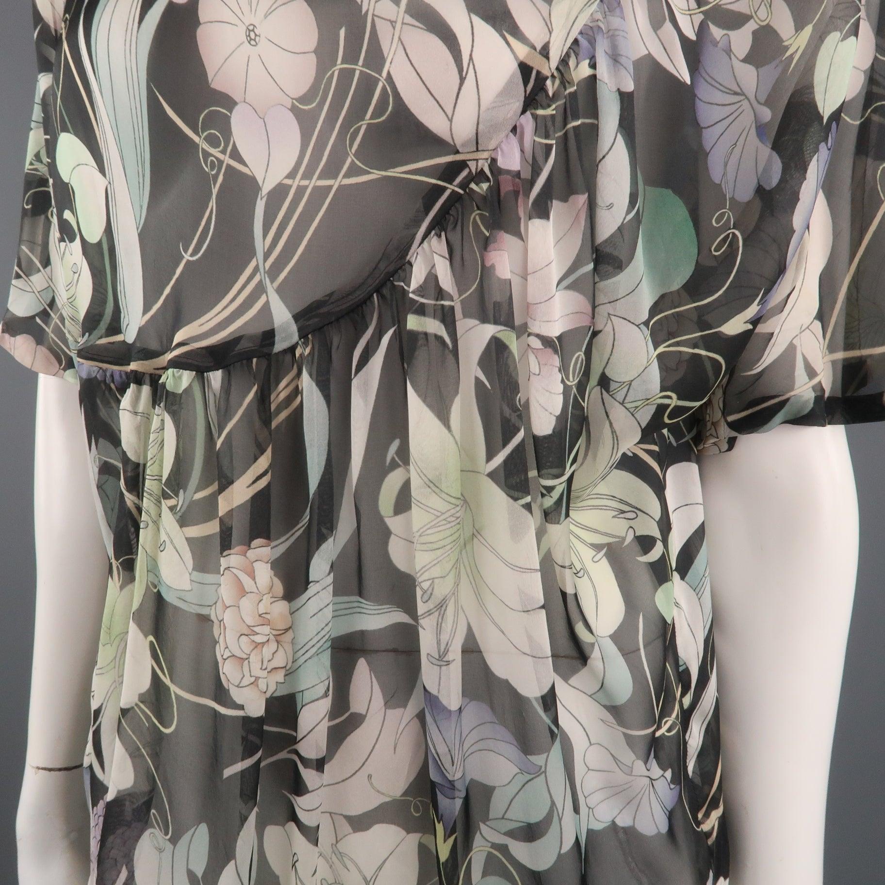 DRIES VAN NOTEN Asymmetrische Bluse aus geblümter Seide und Chiffon in Grau, Größe 10 im Zustand „Hervorragend“ im Angebot in San Francisco, CA
