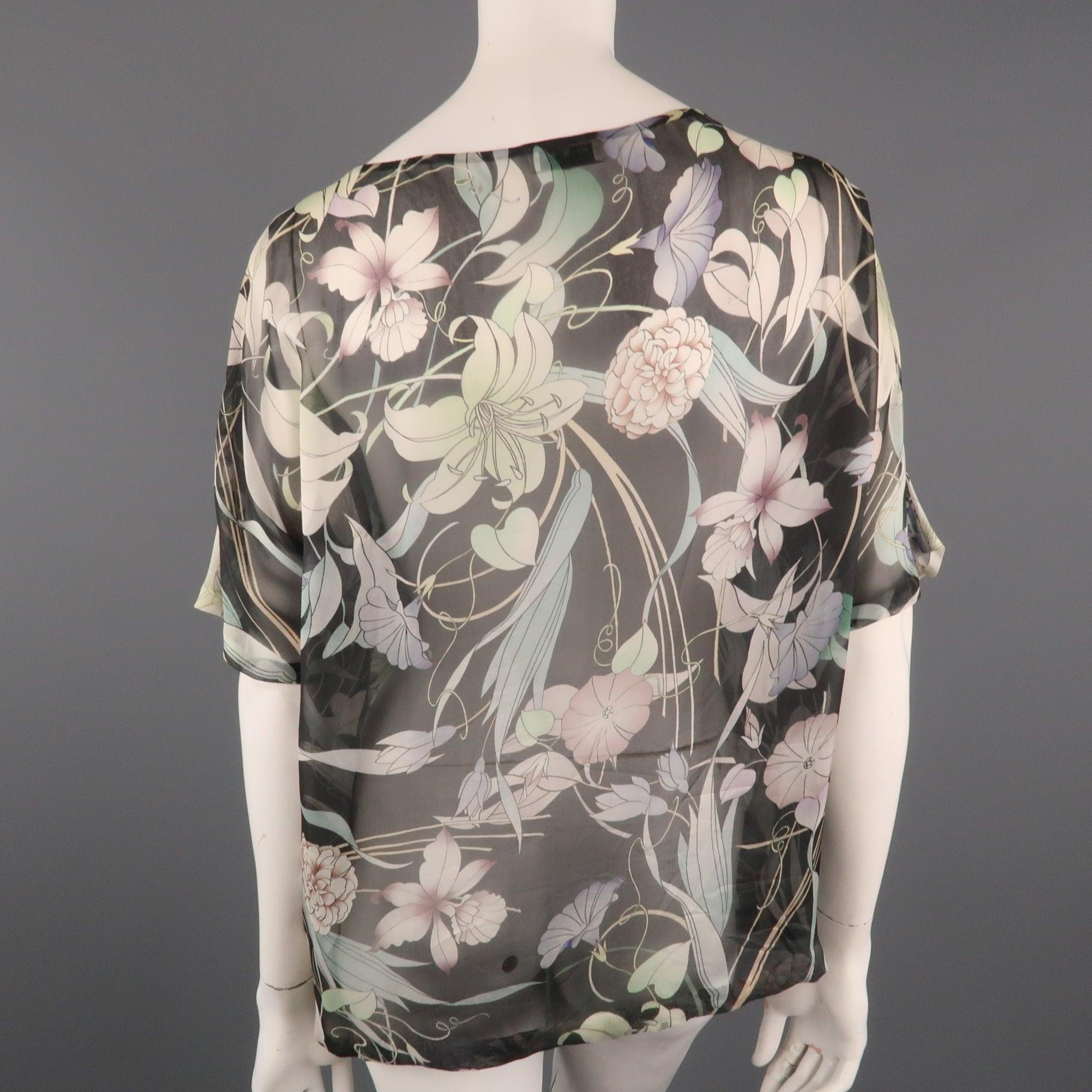 DRIES VAN NOTEN Size 10 Grey Floral Silk Chiffon Asymmetrical Blouse For Sale 2