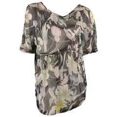 DRIES VAN NOTEN Size 10 Grey Floral Silk Chiffon Asymmetrical Blouse