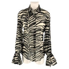 DRIES VAN NOTEN Size 2 Black & White Cotton Zebra Clavelly Cuff Blouse