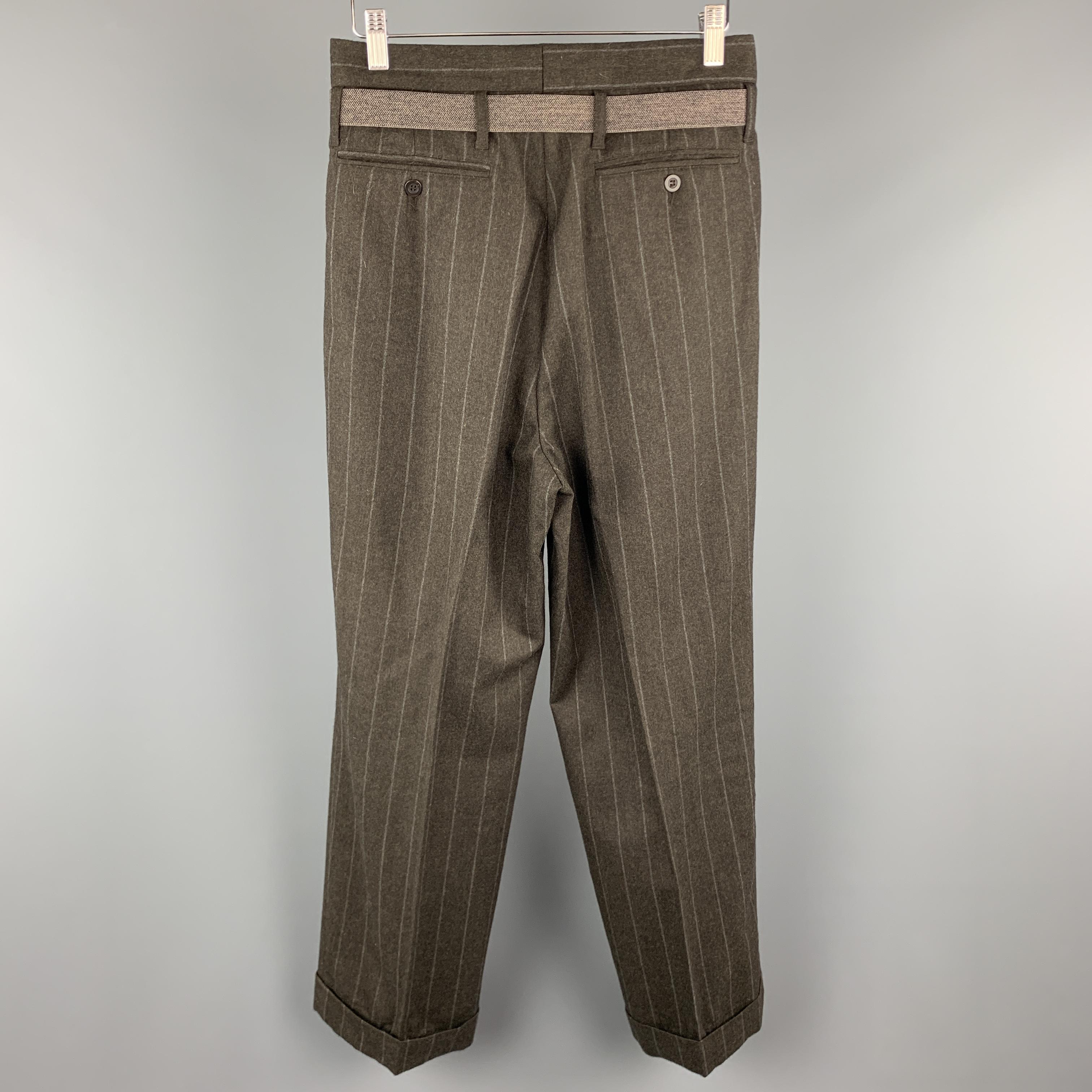 DRIES VAN NOTEN Size 30 Brown & Gray Chalkstripe Pleated Wide Leg Pants In Excellent Condition In San Francisco, CA