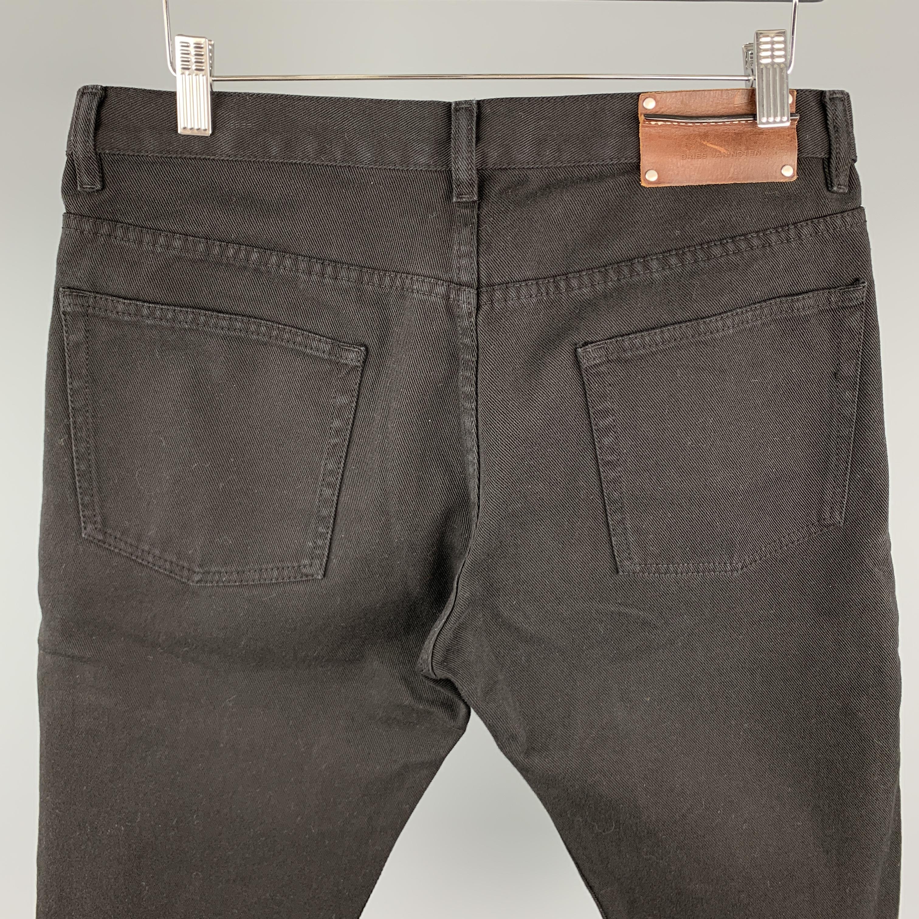 Men's DRIES VAN NOTEN Size 31 Black Embroidered Denim Button Fly Shorts