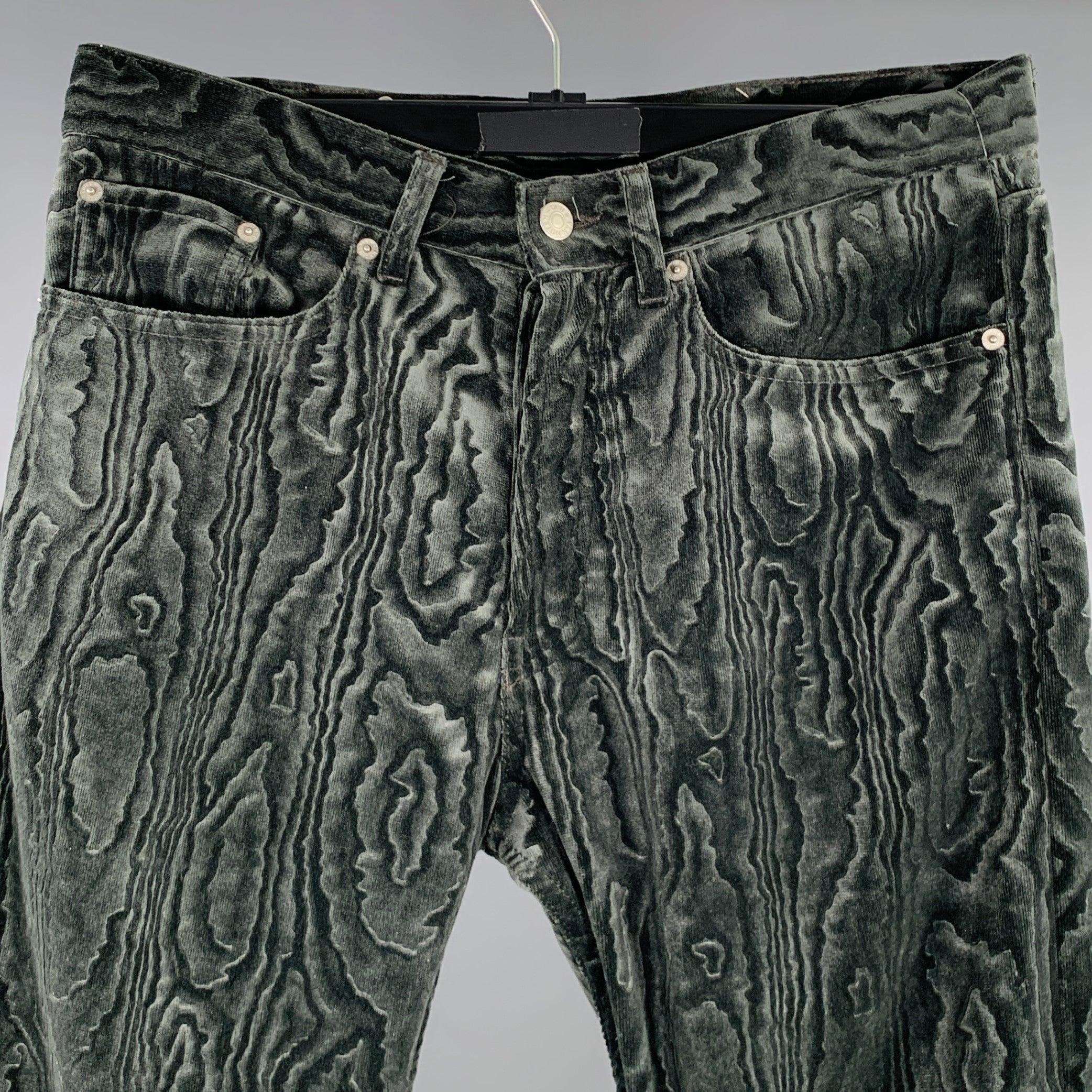 DRIES VAN NOTEN casual pants
in a grey and dark green polyester velvet featuring a five pockets style, wood grain pattern, and button fly closure.Excellent Pre-Owned Condition. 

Marked:   32 

Measurements: 
  Waist: 32 inches Rise: 10 inches