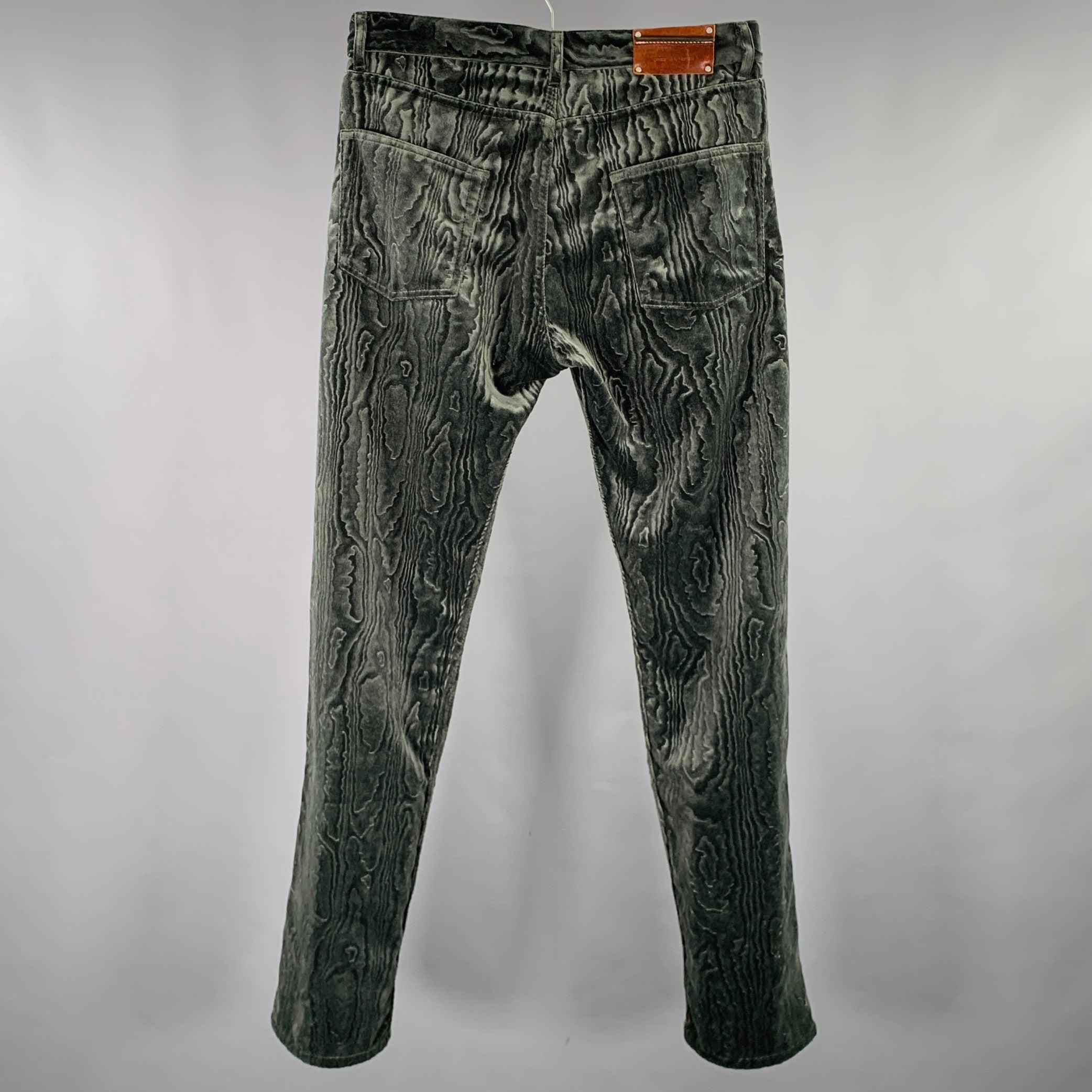 Gray DRIES VAN NOTEN Size 32 Grey Dark Green Wood Grain Polyester Velvet Casual Pants