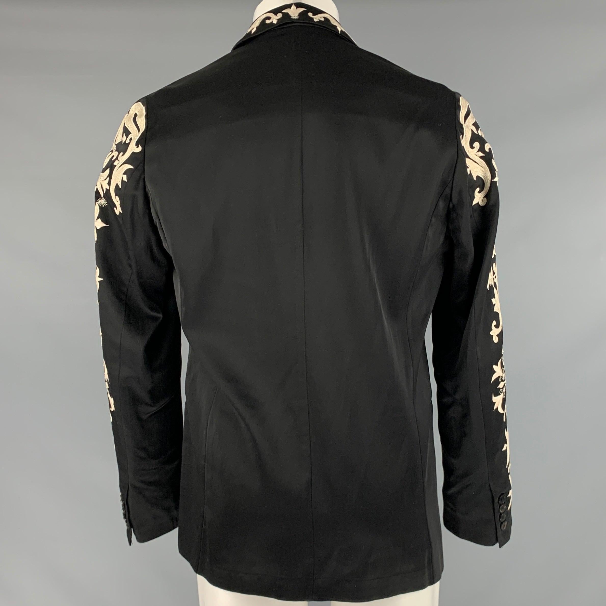 Men's DRIES VAN NOTEN Size 38 Black Cream Embroidery Viscose Cotton Sport Coat For Sale