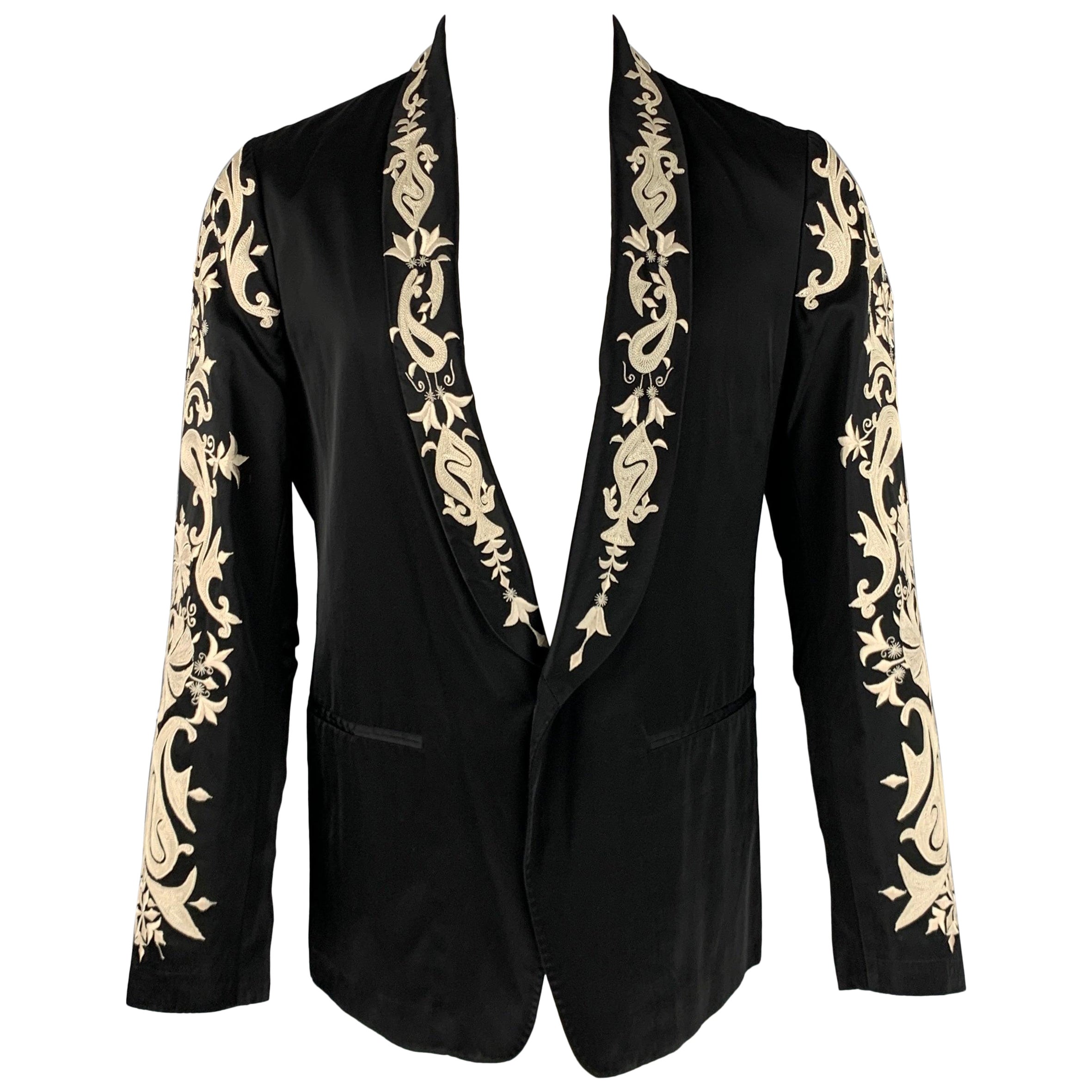 DRIES VAN NOTEN Size 38 Black Cream Embroidery Viscose Cotton Sport Coat