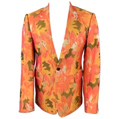 DRIES VAN NOTEN Size 38 Orange & Olive Metallic Jacquard Notch Lapel Sport Coat